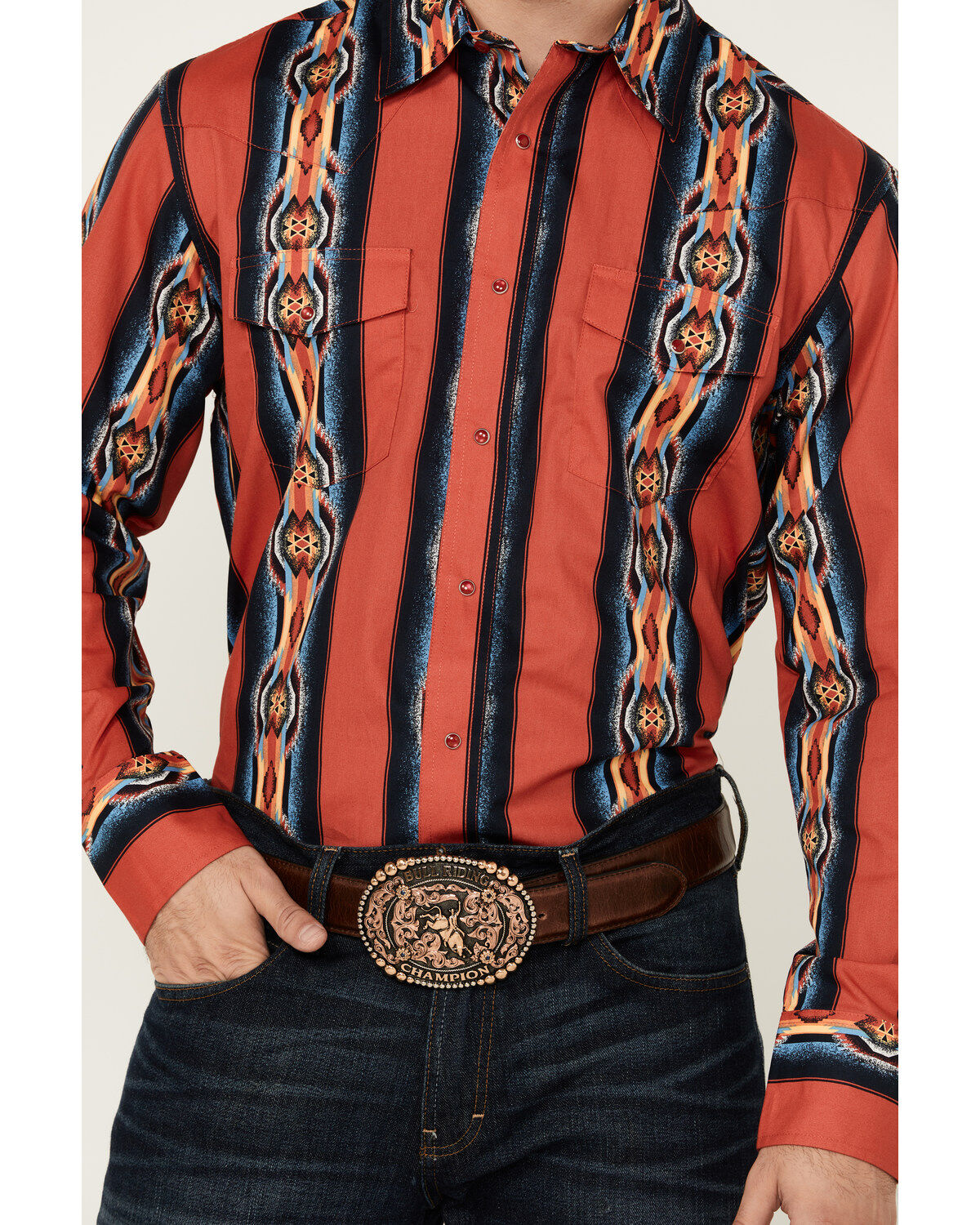 Wrangler Men's Checotah Southwestern Striped Print Long Sleeve Pearl Snap Western Shirt