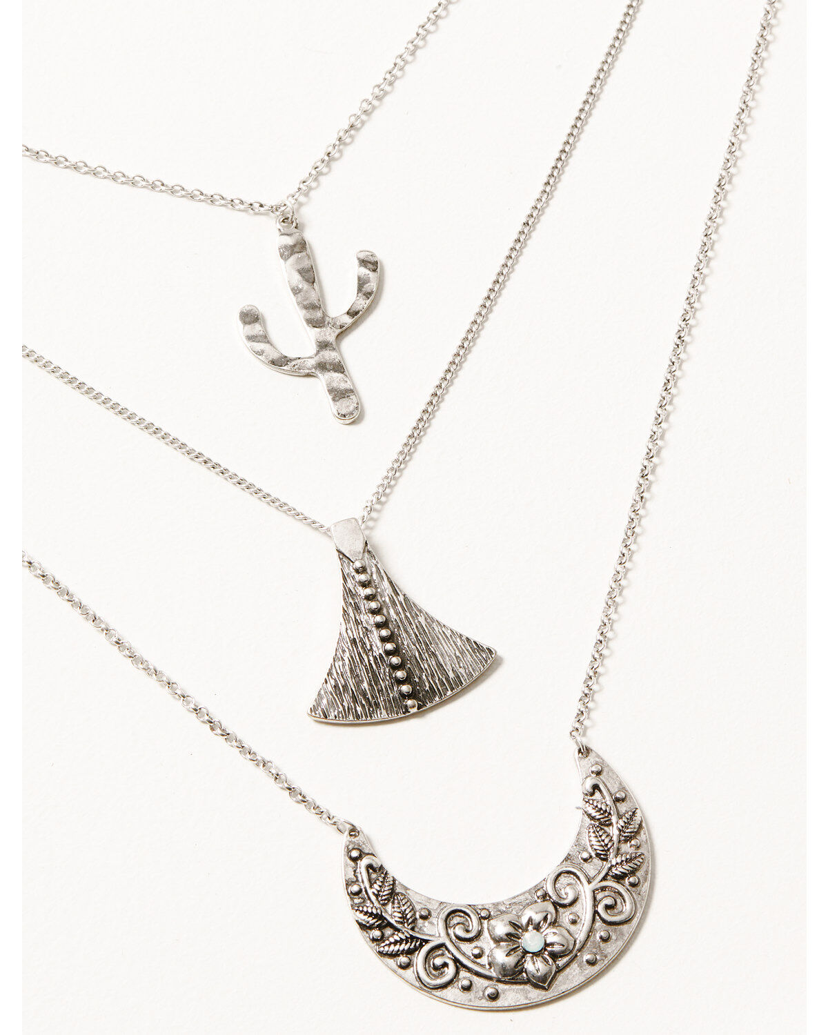Prime Time Jewelry Women's Silver 3-piece Layered Cactus & Crescent Pendant Necklace