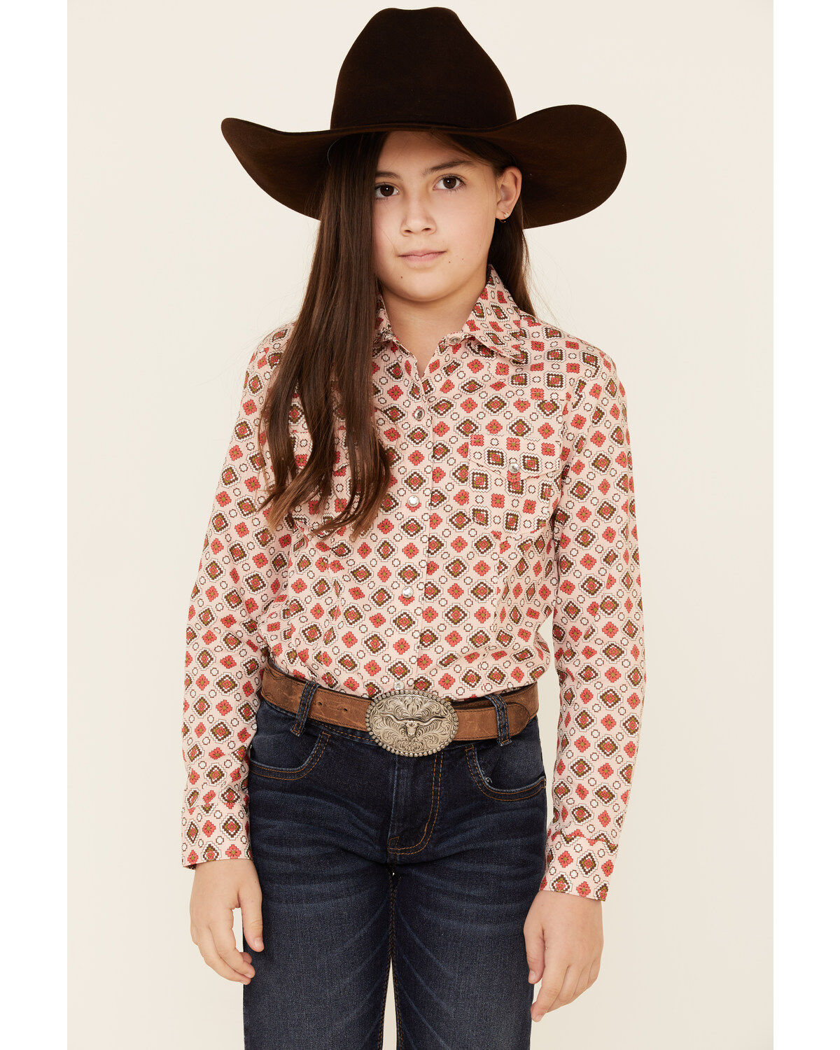 Cruel Girl Girls' Diamond Geo Print Long Sleeve Pearl Snap Western Shirt