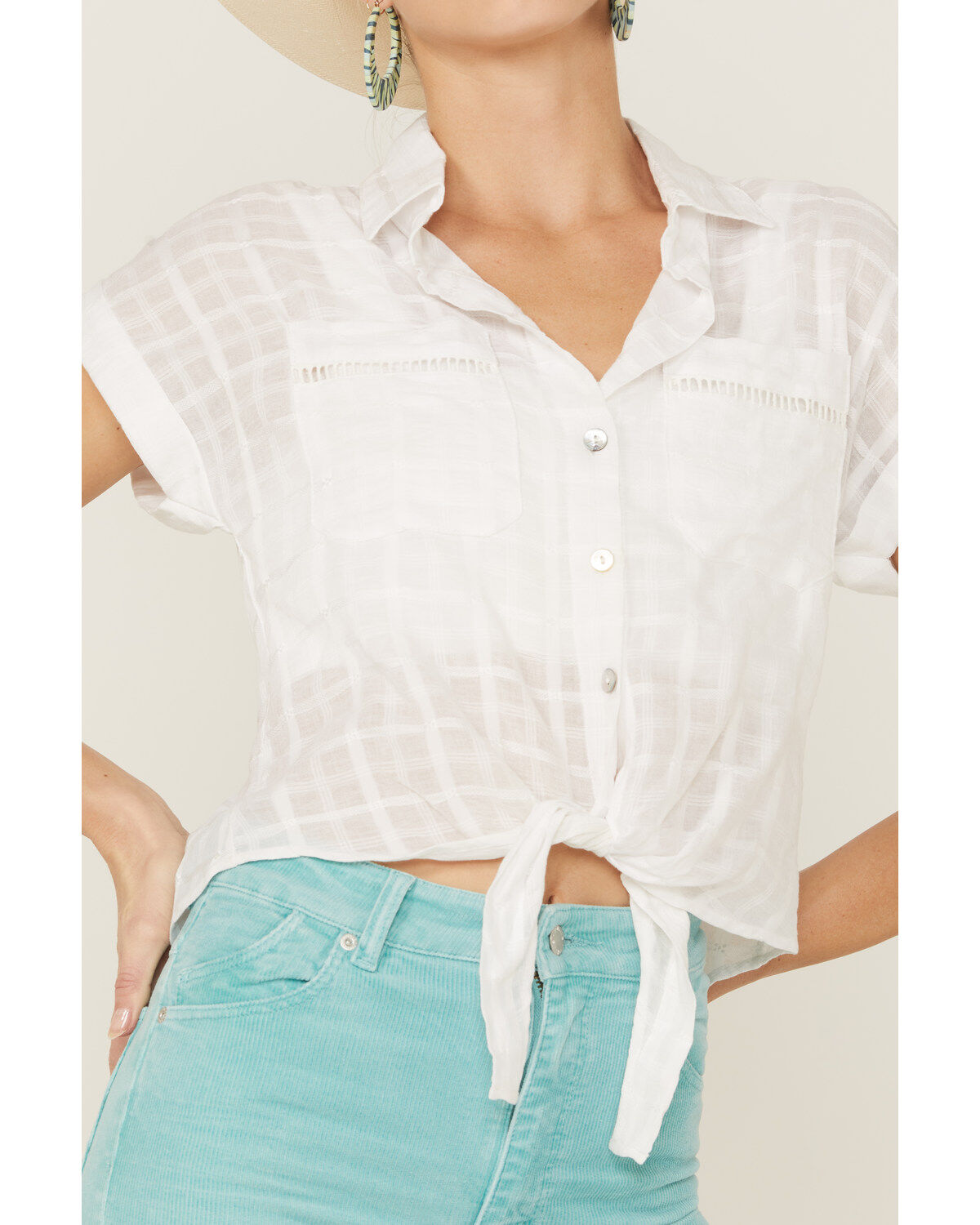 Wild Moss Women's Tie Front Shadow Plaid Button Front Blouse