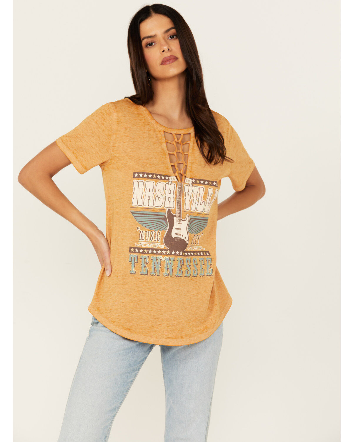 Blended Women's Lace-Up Nashville Short Sleeve Graphic Tee
