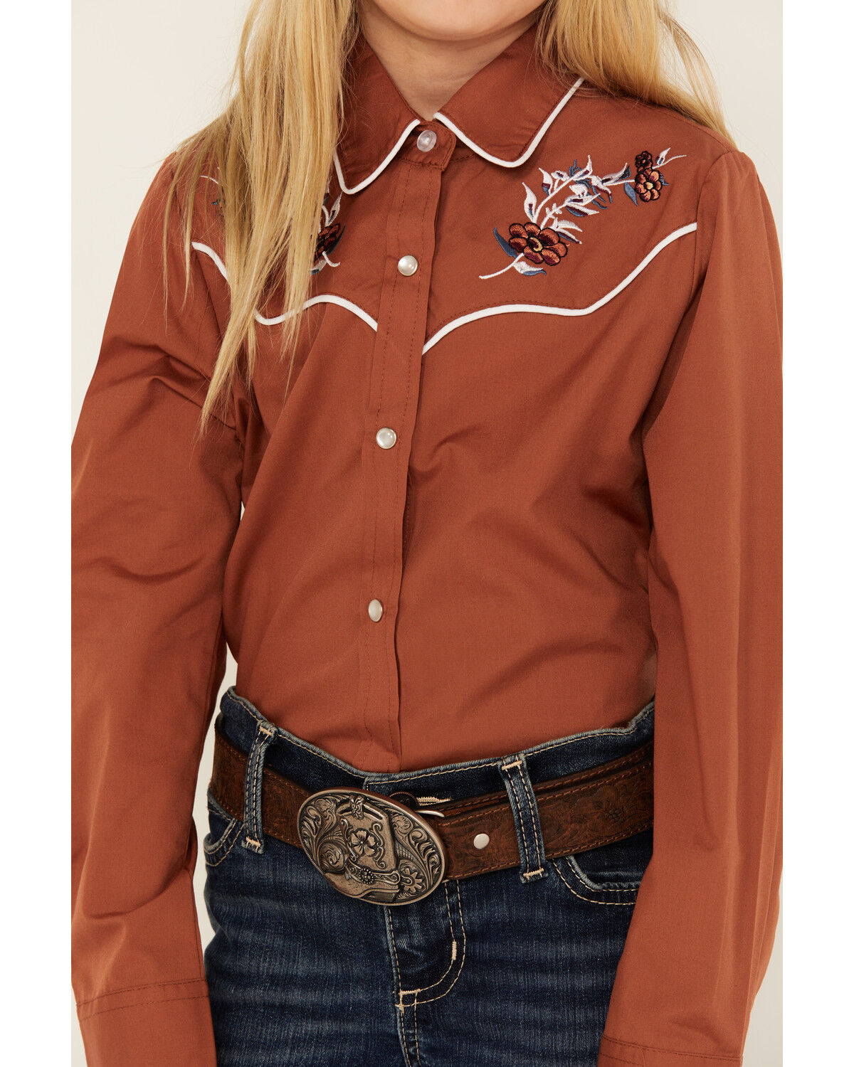 Ely Walker Girls' Floral Embroidered Long Sleeve Pearl Snap Western Shirt