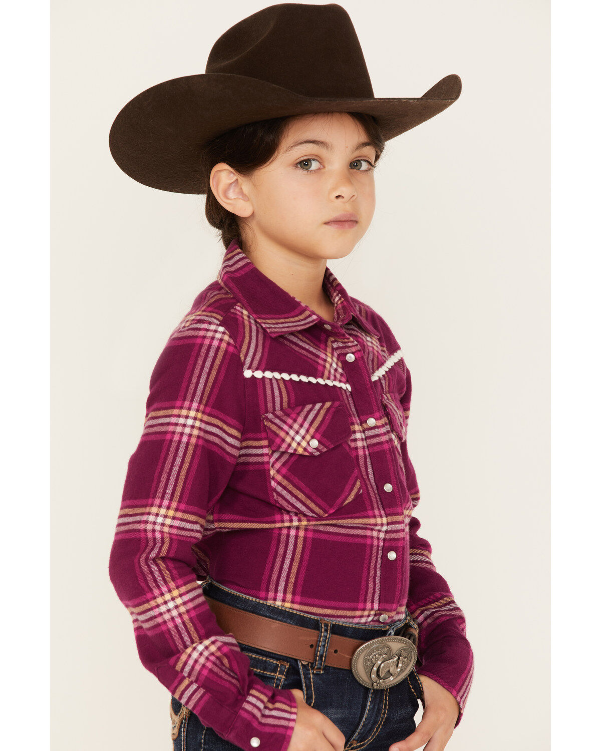 Shyanne Girls' Plaid Print Flannel Long Sleeve Western Pearl Snap Shirt