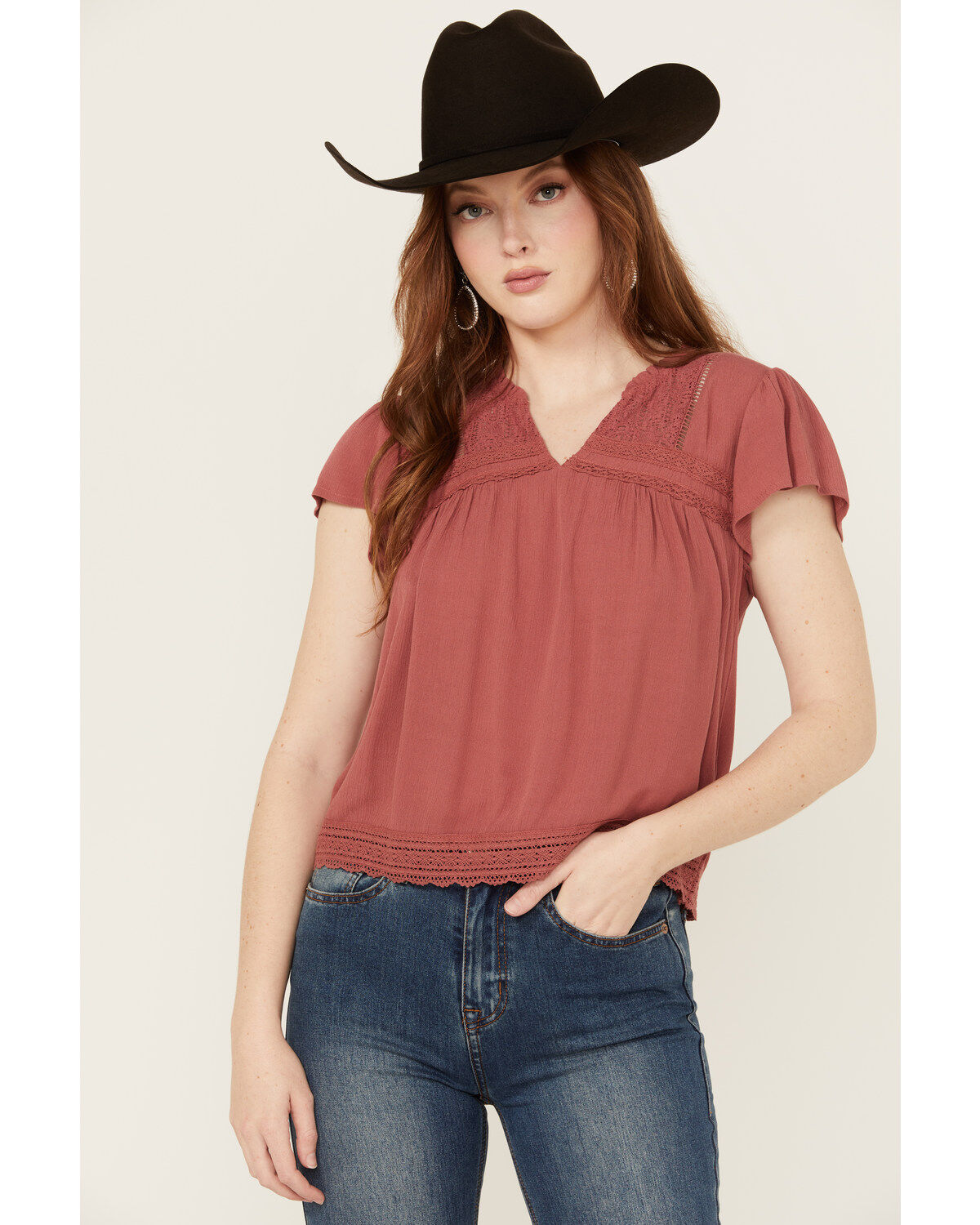 Jolt Women's Lace Trim Flutter Short Sleeve Top