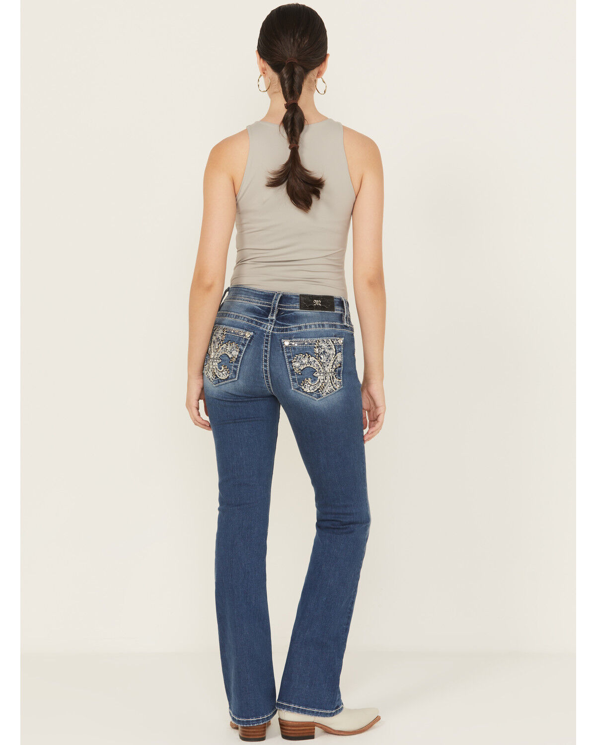 Miss Me Women's Medium Wash Mid Rise Fleur de Lis Pocket Bootcut Stretch Denim Jeans