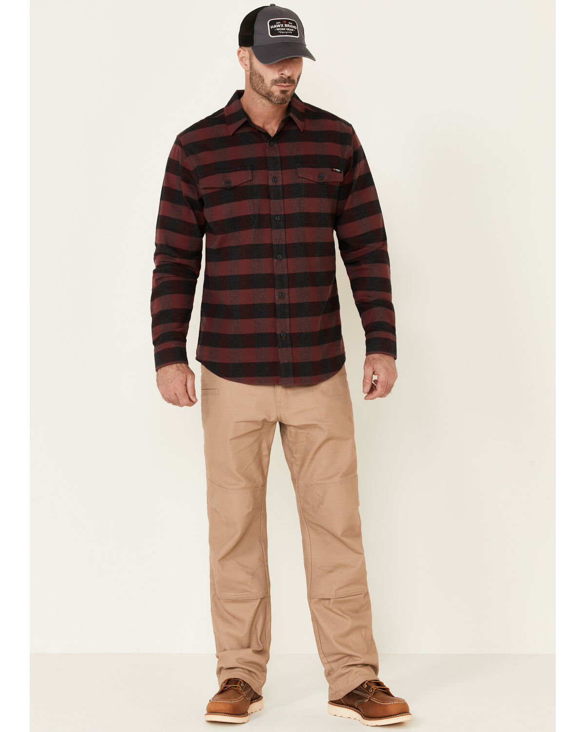 Hawx Men's Dark Red Harris Stretch Plaid Flannel Long Sleeve Button Down Work Shirt