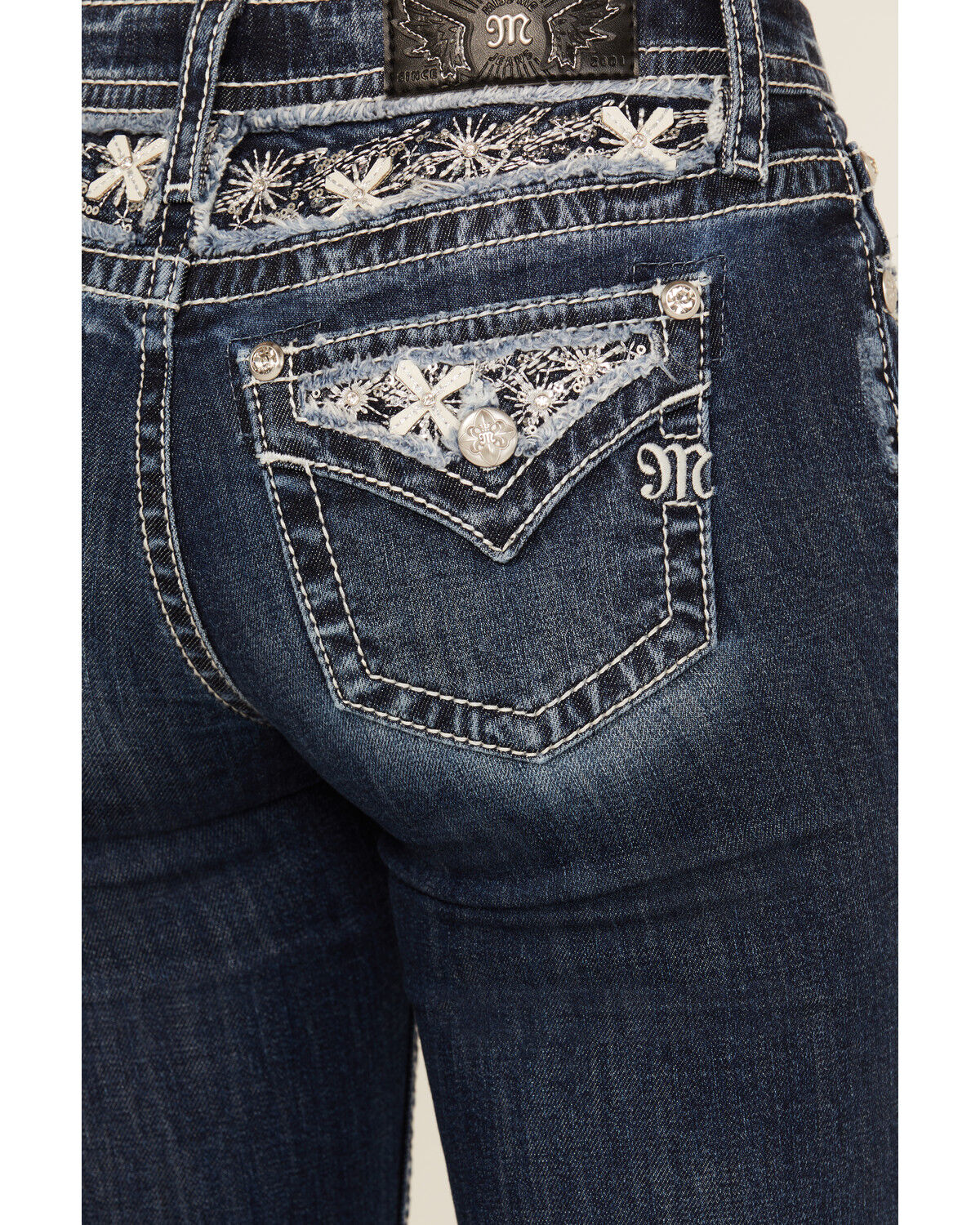 Miss Me Women's Dark Wash Snowflake Embroidered Slim Bootcut Stretch Denim Jeans