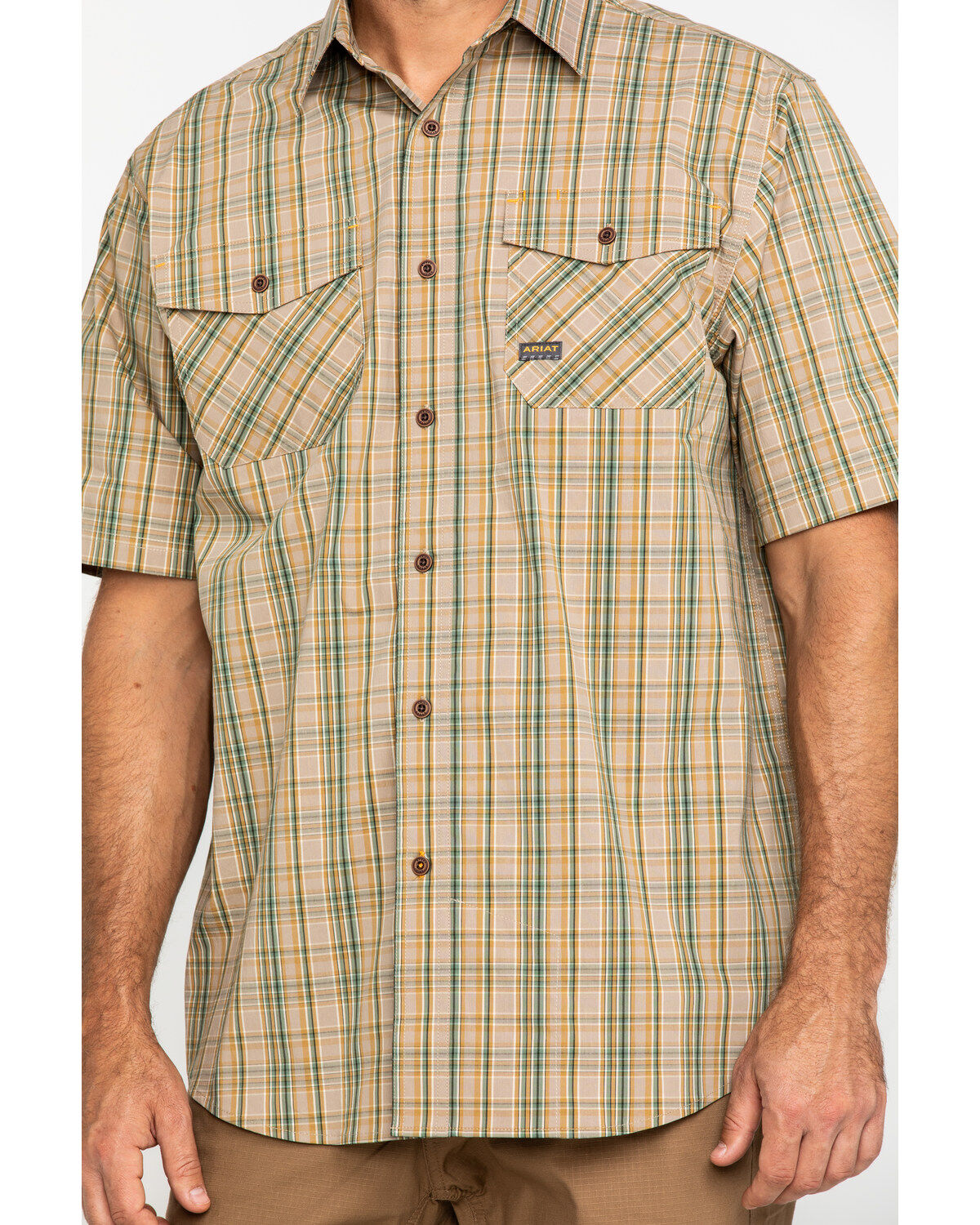 Ariat Men's Tan Plaid Rebar Made Tough Short Sleeve Work Shirt