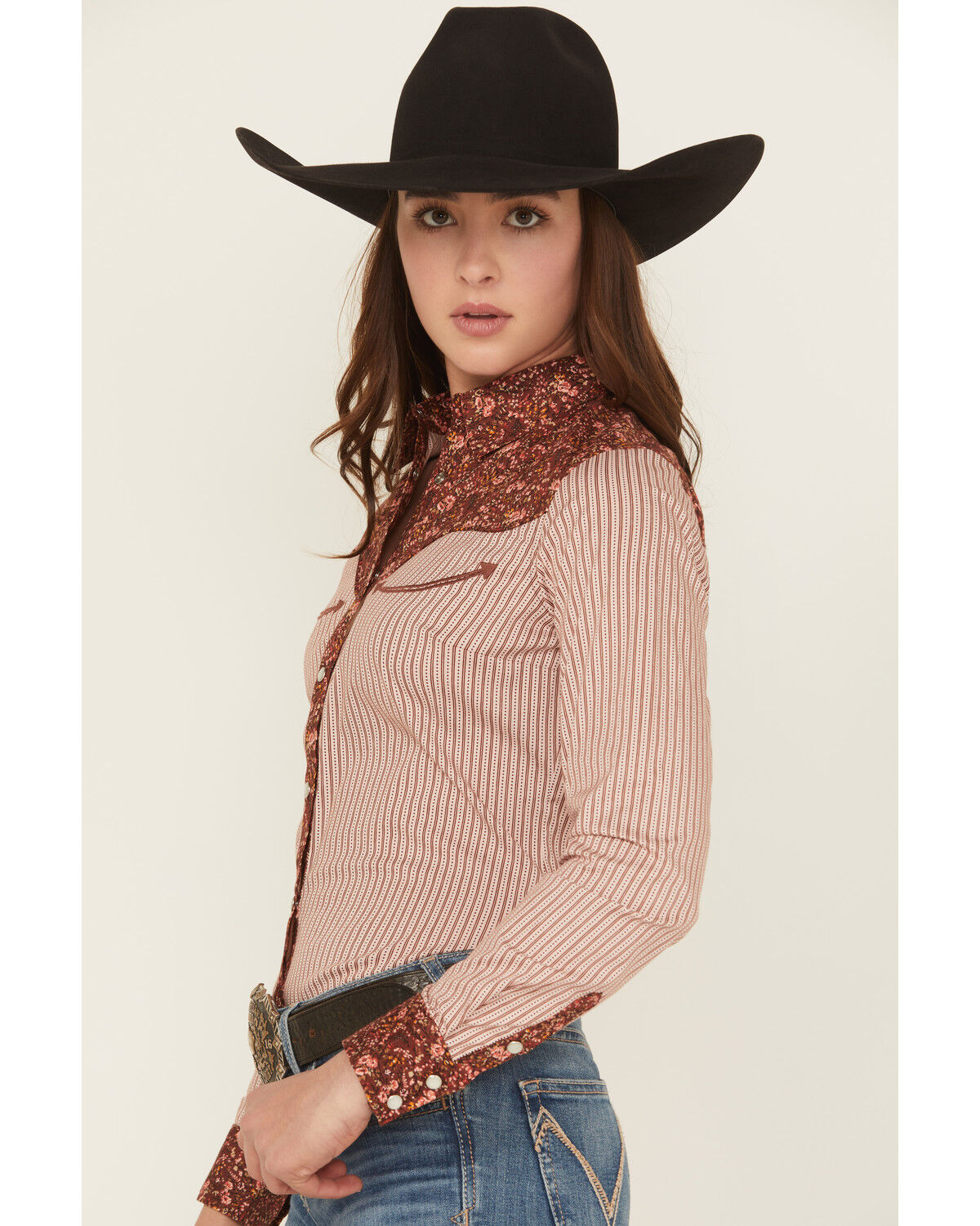 Shyanne Women's Striped And Floral Print Long Sleeve Snap Stretch Western Shirt