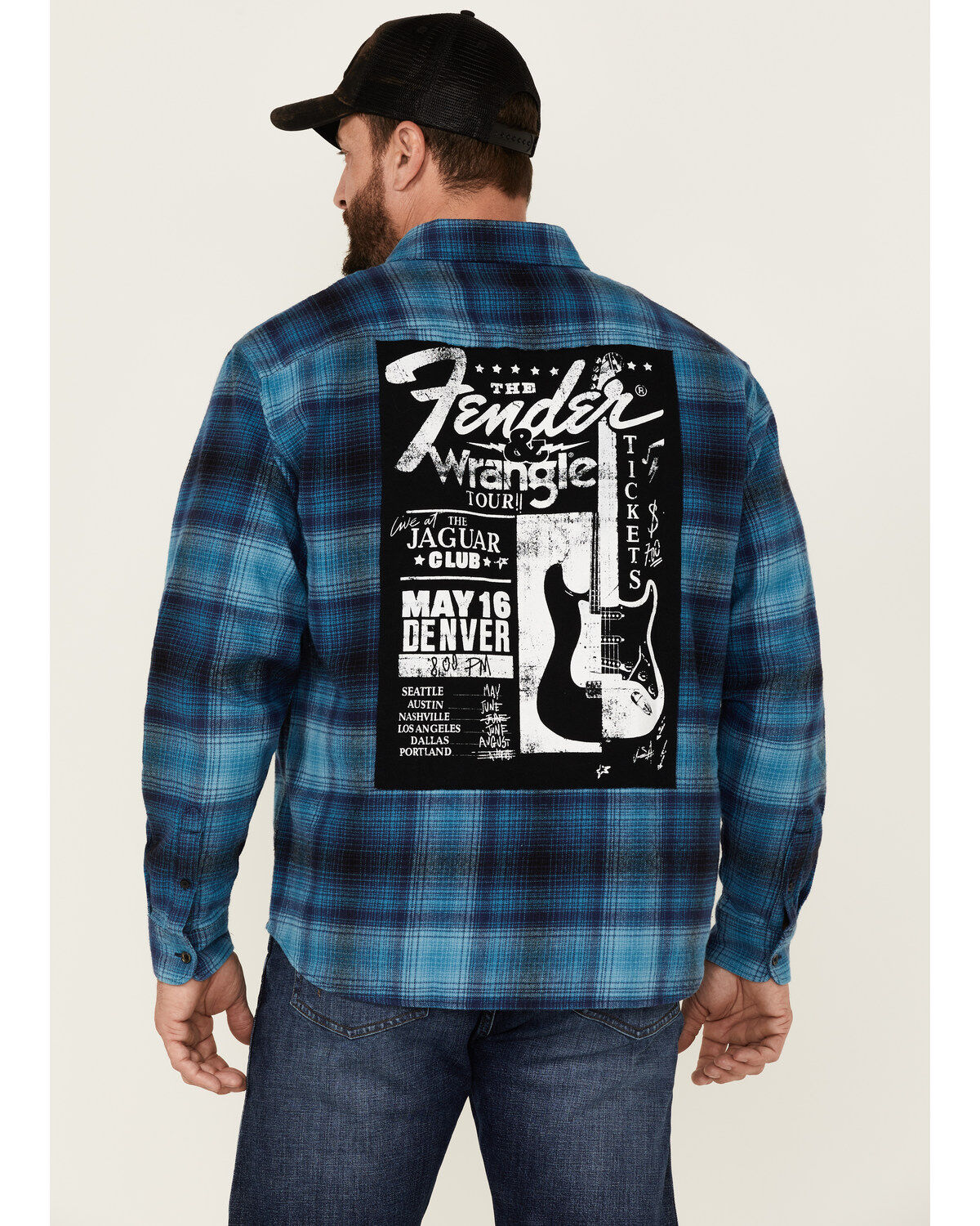 Wrangler X Fender Men's Plaid Tour Back Patch Button-Down Shirt Flannel Jacket