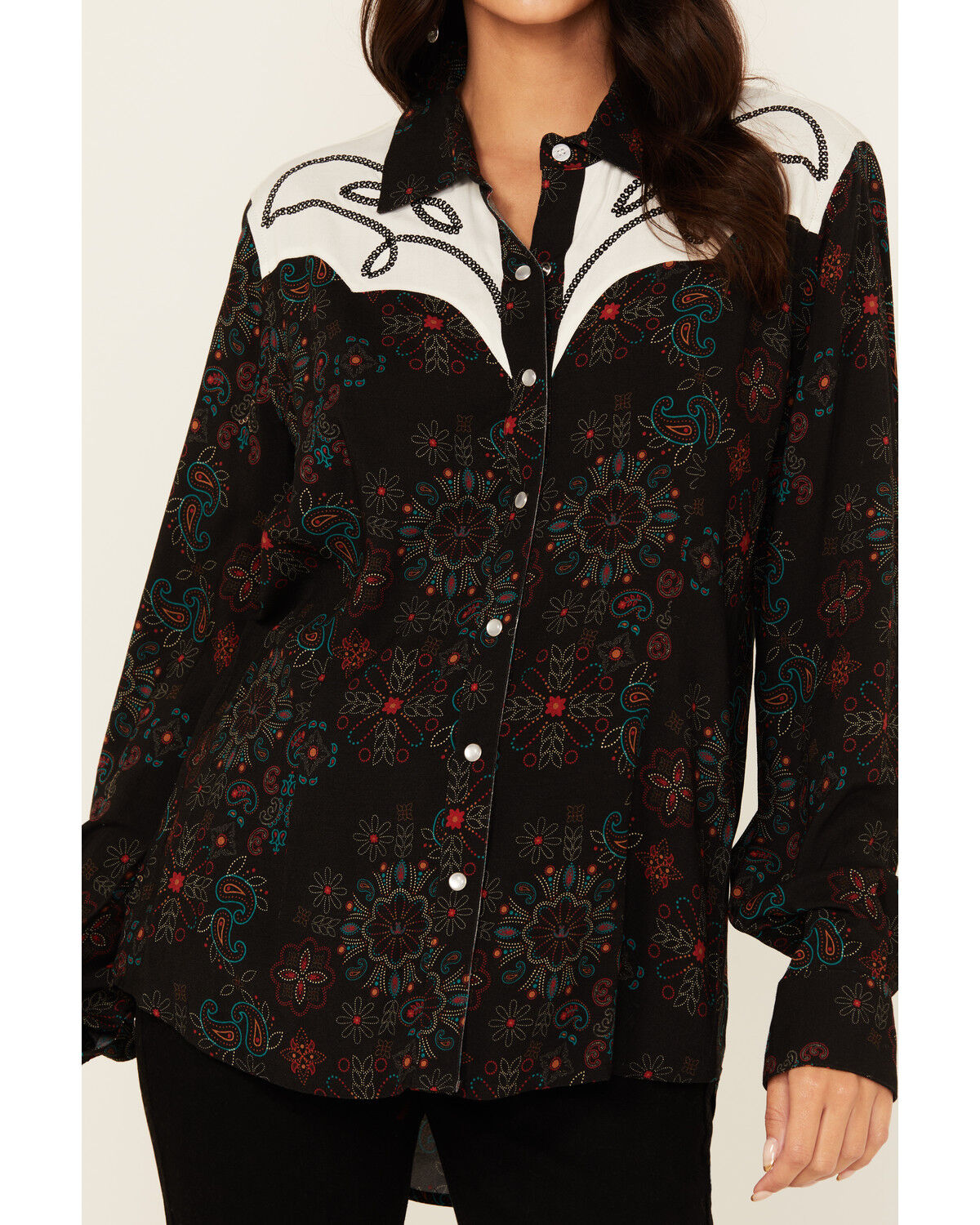 Panhandle Women's Floral Print Embroidered Long Sleeve Snap Western Shirt