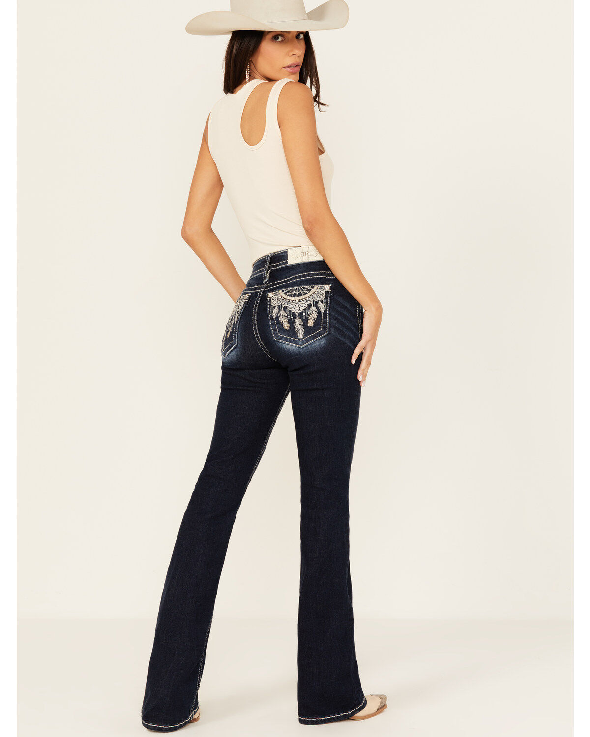 Miss Me Women's Dark Wash Mid Rise Dream Catcher Pocket Bootcut Stretch Denim Jeans