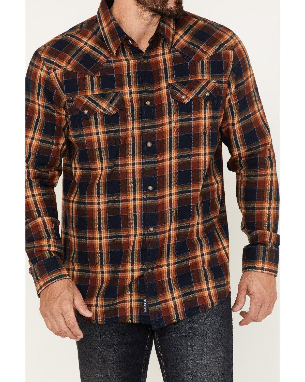 Moonshine Spirit Men's Rusted Still Plaid Print Snap Western Flannel Shirt