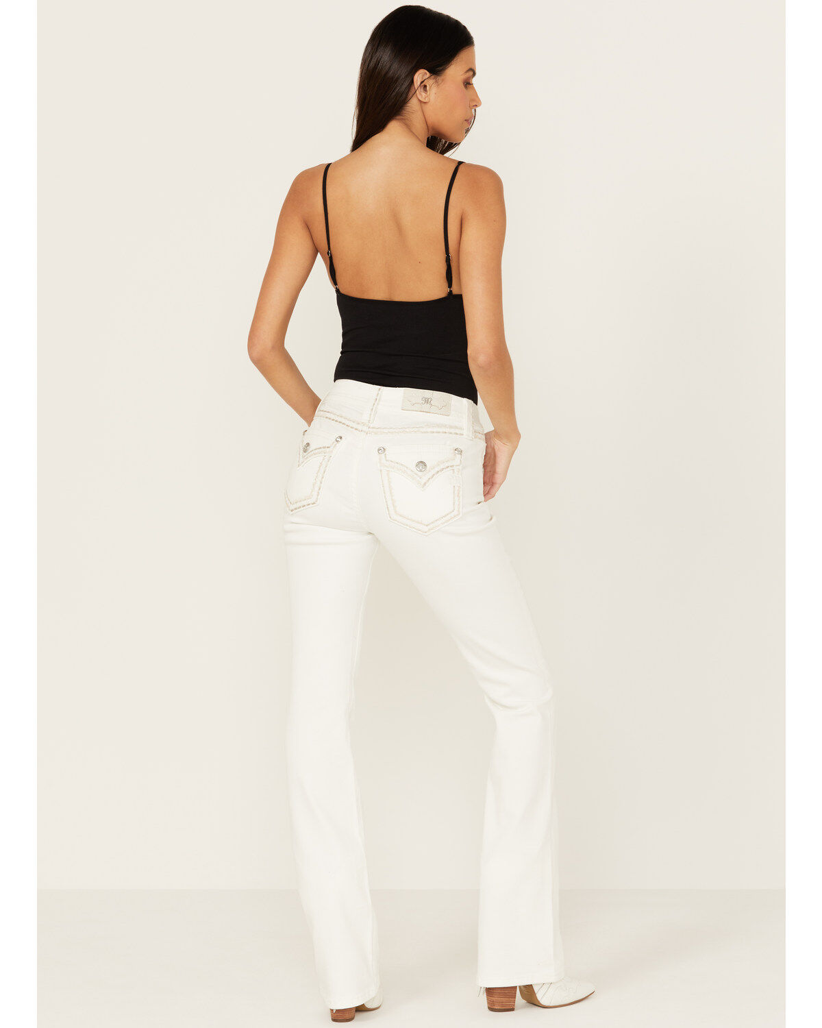 Miss Me Women's Mid Rise Whipstitch Border Pocket Bootcut Stretch Denim Jeans