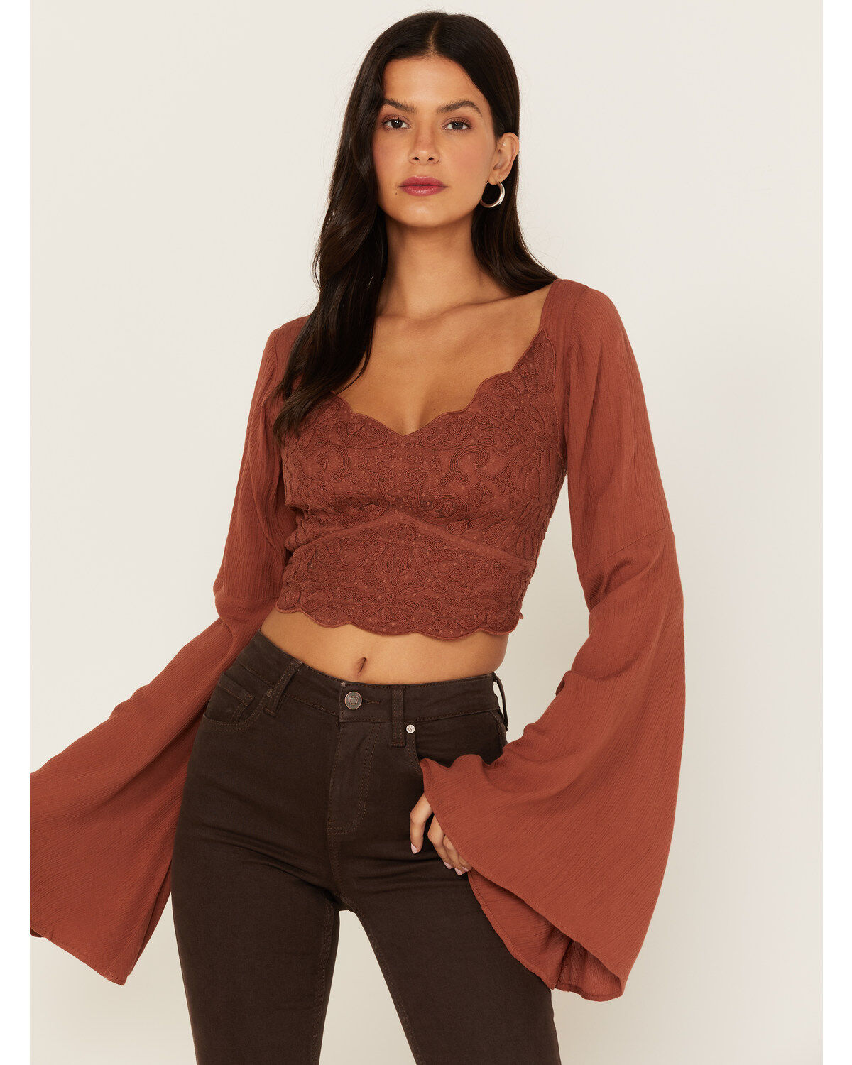 Shyanne Women's Embroidered Mesh Dot Poet Sleeve Crop Top