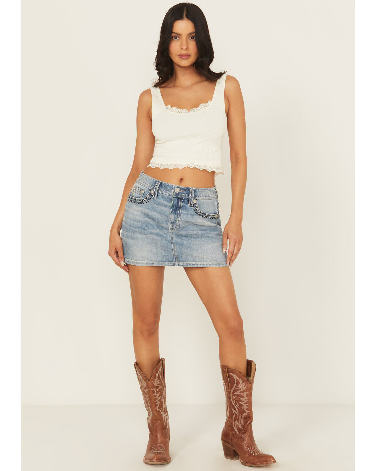 Miss Me Women's Light Wash Mid Rise Embroidered Denim Stretch Mini Skirt