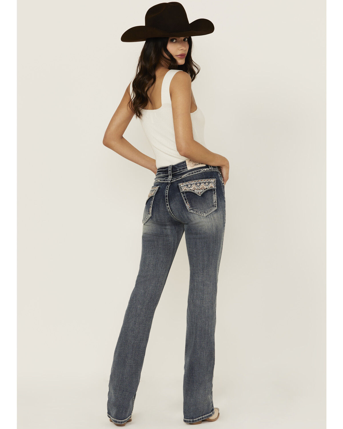 Grace in LA Women's Medium Wash Mid Rise Geo Pocket Bootcut Stretch Denim Jeans