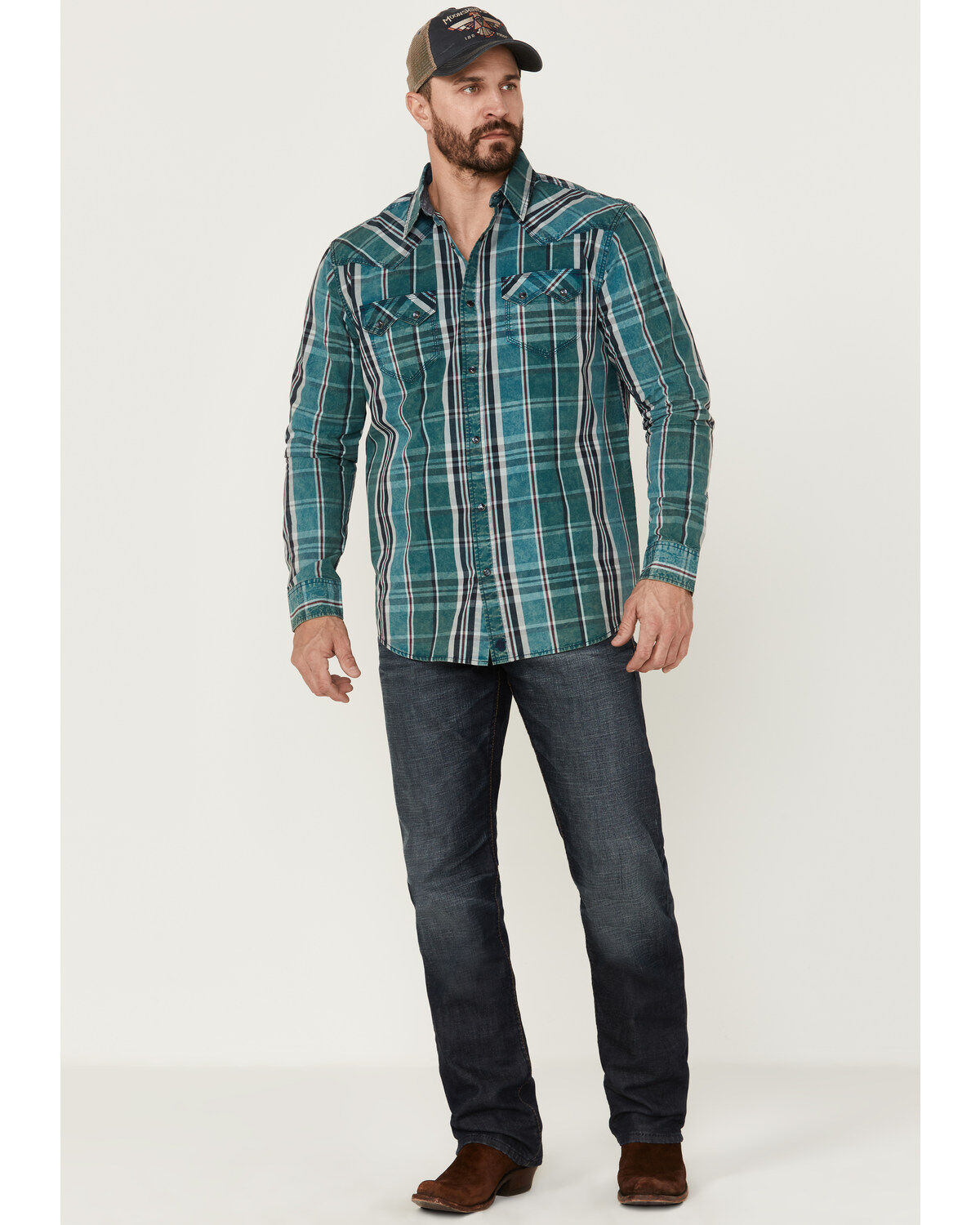 Moonshine Spirit Men's Marble Crackle Plaid Long Sleeve Snap Western Shirt