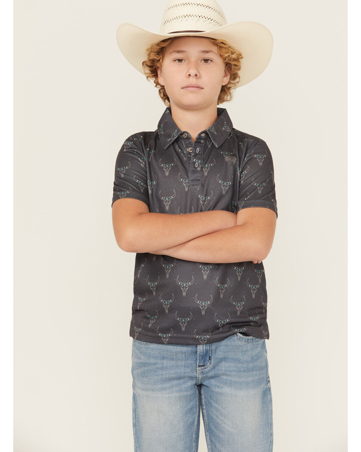 Rock & Roll Denim Boys' Long Horn Print Short Sleeve Button-Down Polo