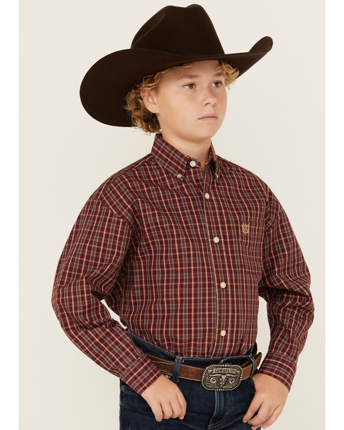 Panhandle Select Boys' Plaid Print Long Sleeve Button-Down Western Shirt