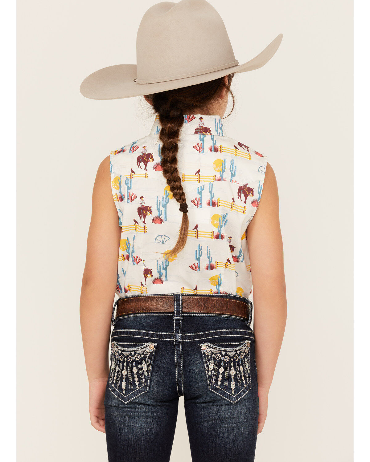 Rock & Roll Denim Girls' Cowboy Horse Print Sleeveless Western Snap Shirt