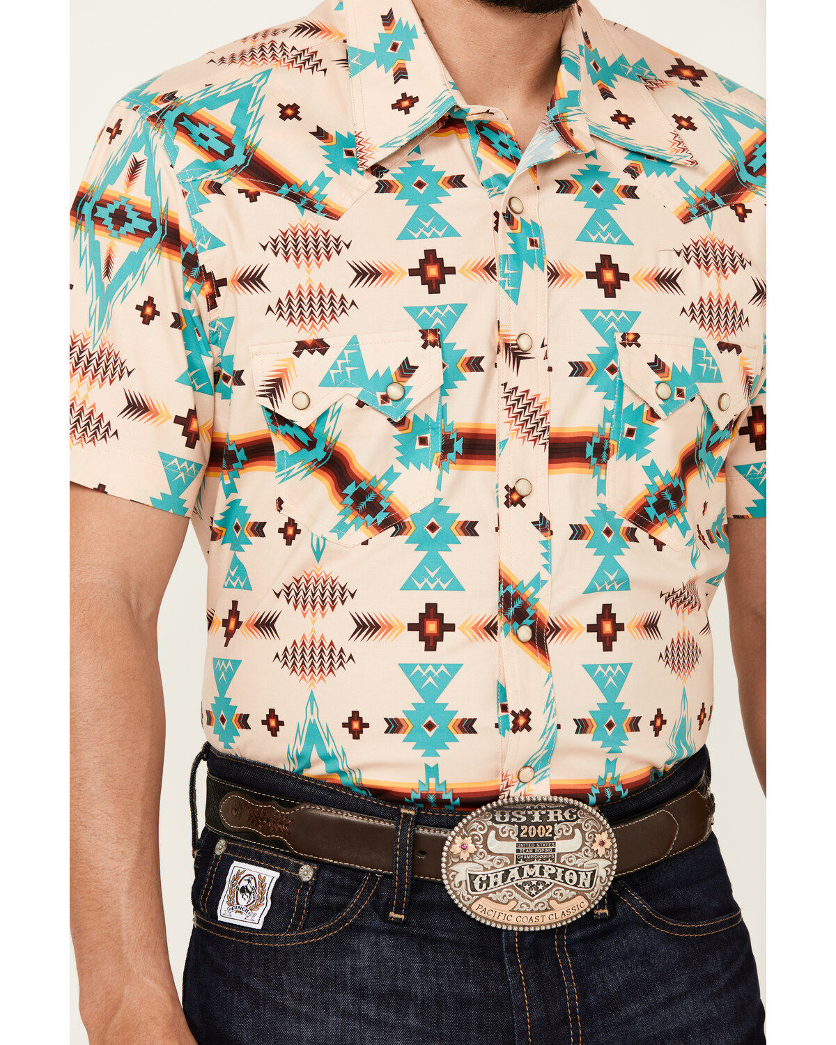 Rock & Roll Denim Men's Southwestern Print Short Sleeve Snap Stretch Western Shirt