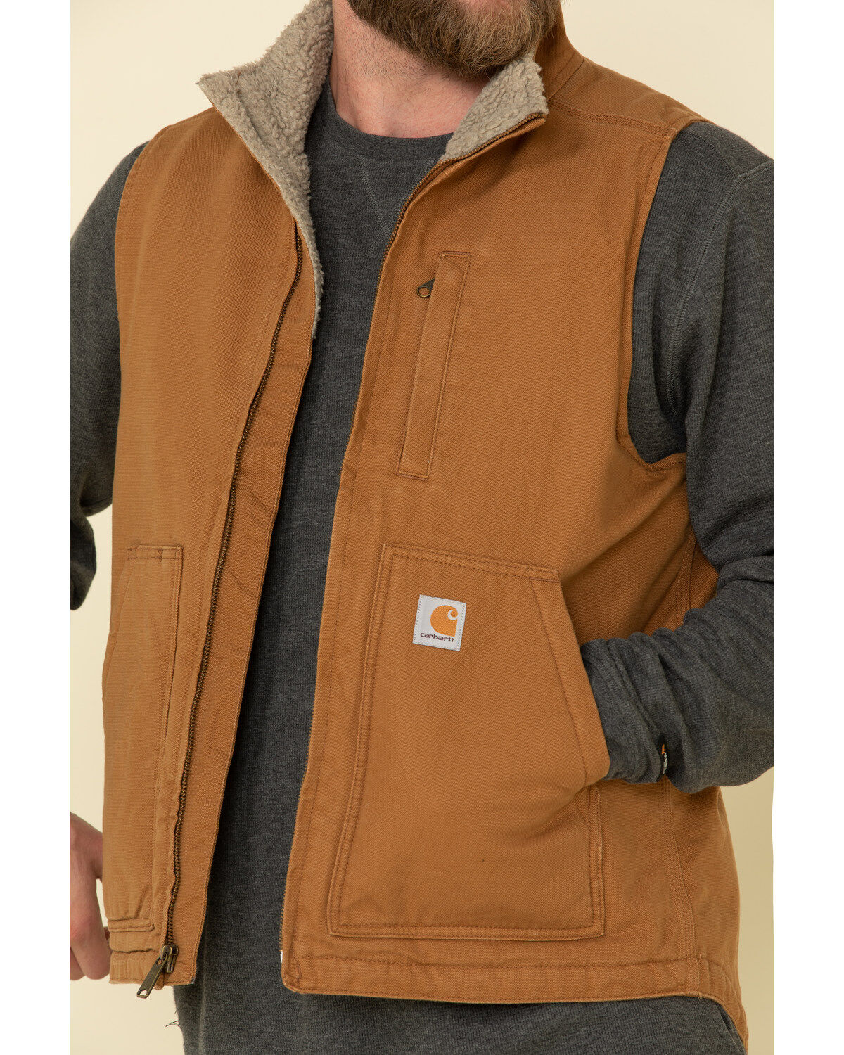 Carhartt Men's Brown Washed Duck Sherpa Lined Mock Neck Work Vest - Tall