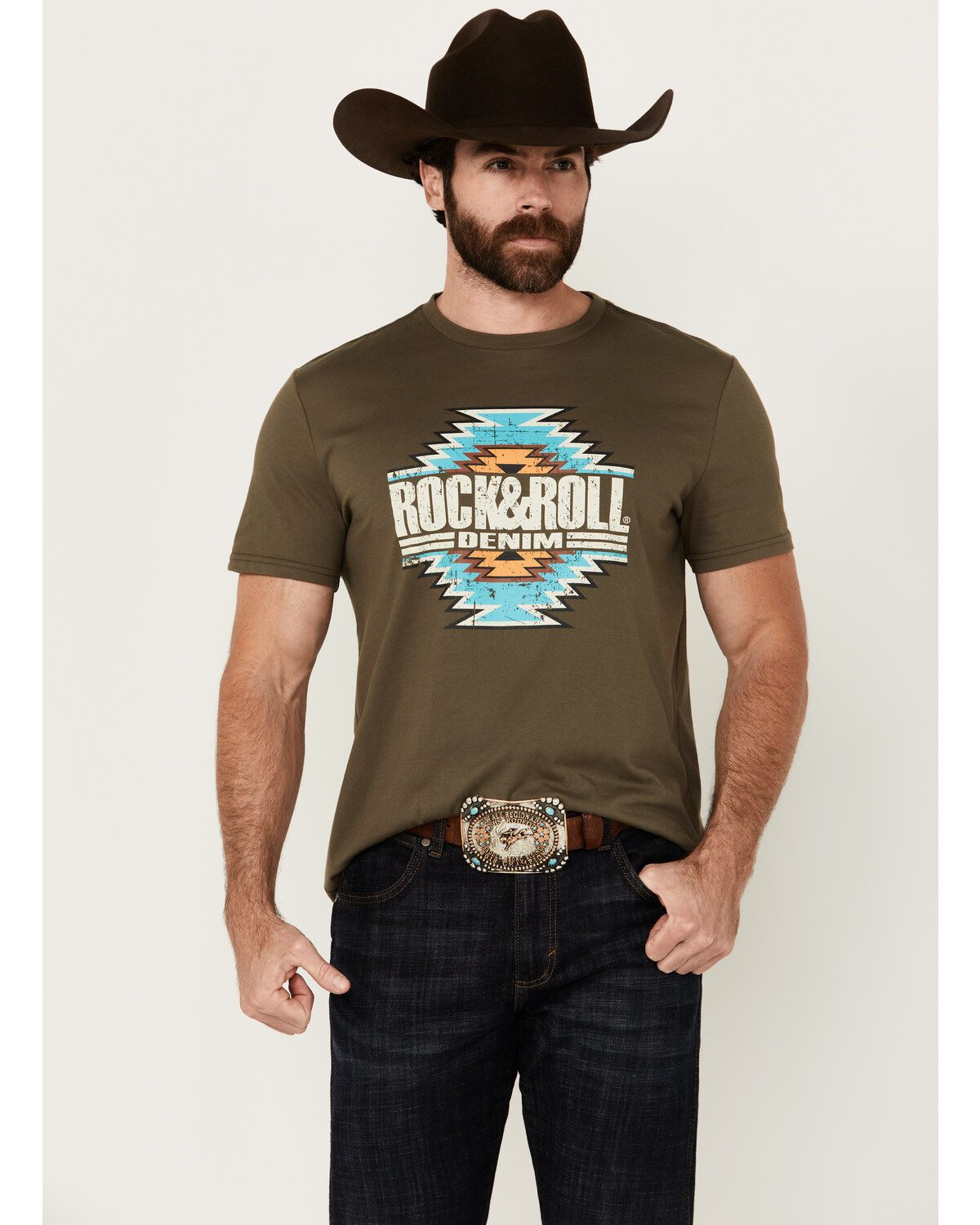 Rock & Roll Denim Men's Southwestern Print Logo Short Sleeve Graphic T-Shirt