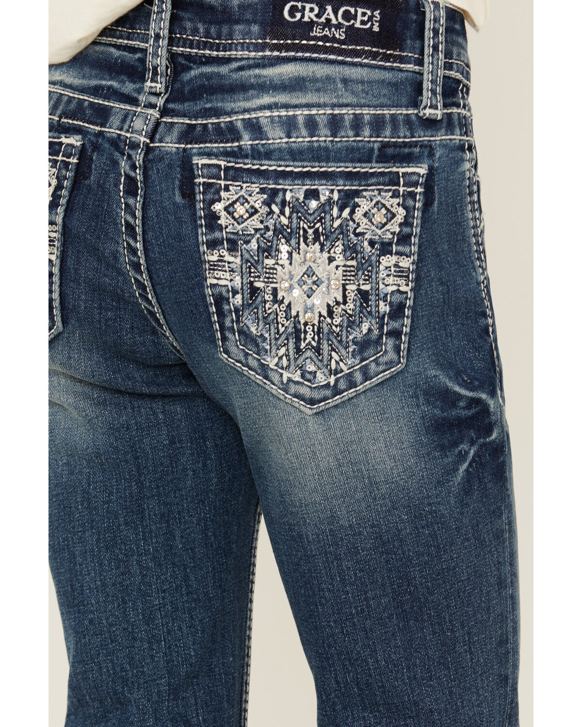 Grace in LA Girls' Dark Wash Geo Print Pocket Stretch Bootcut Jeans