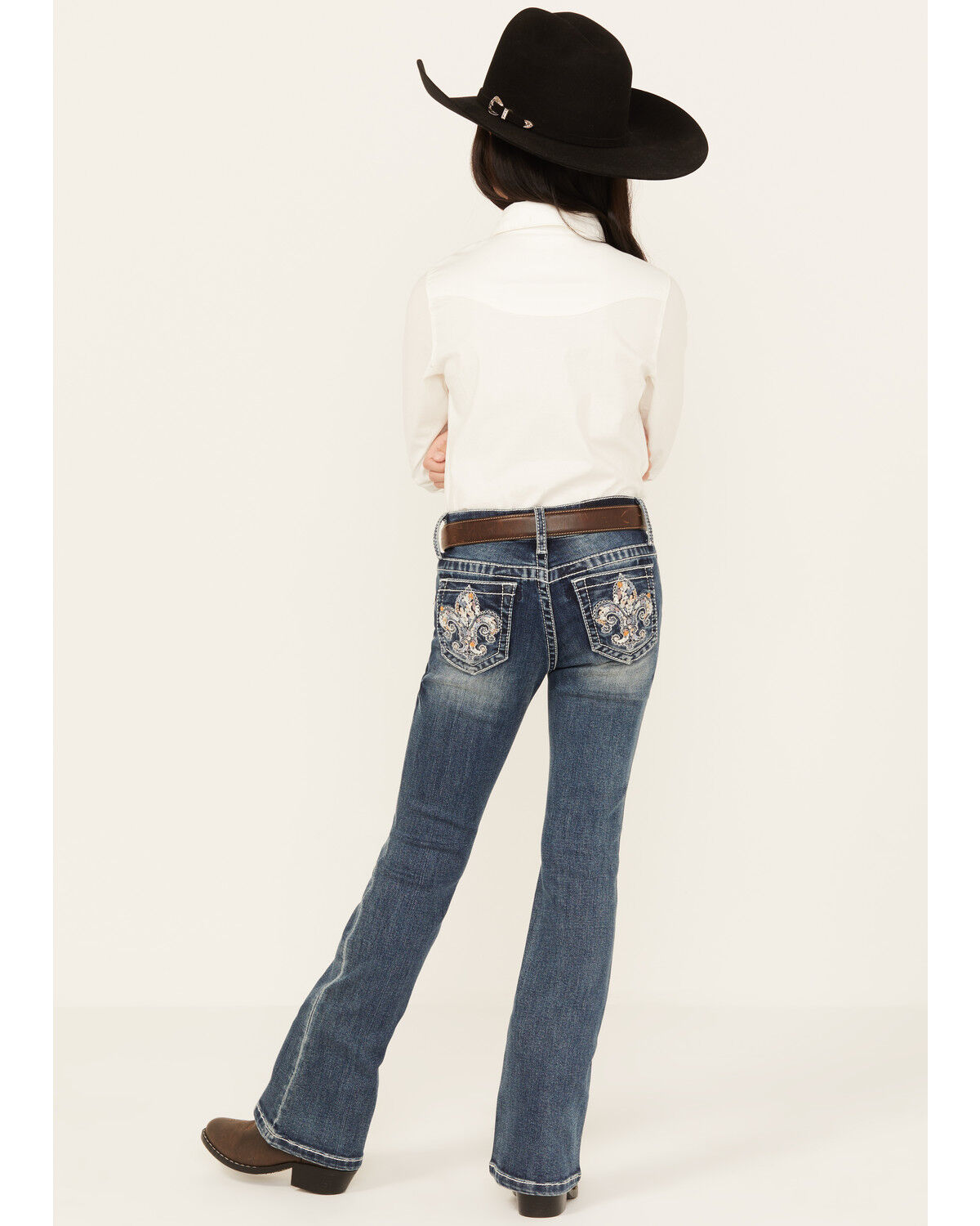 Grace in LA Girls' Medium Wash Mid Rise Floral Fleur de Lis Bootcut Jeans