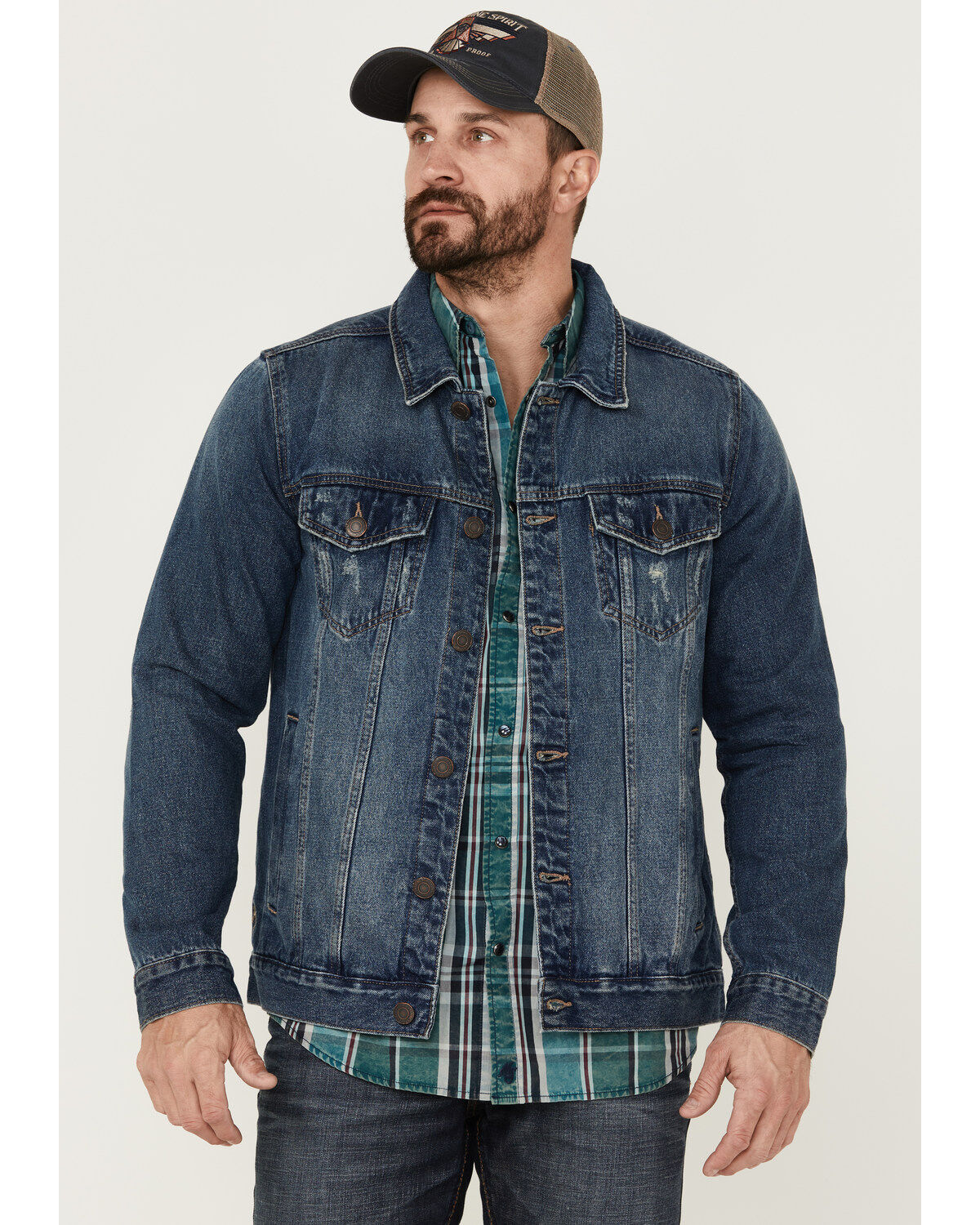 Moonshine Spirit Men's Dark Wash Button-Front Unlined Denim Trucker Jacket