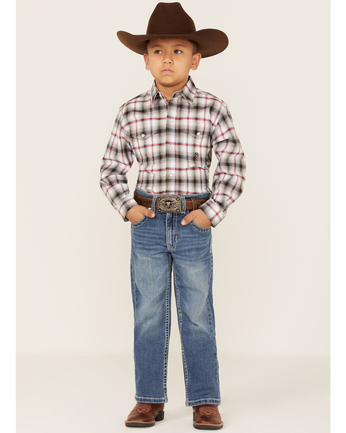 Roper Boys' Amarillo Plaid Print Long Sleeve Western Pearl Snap Shirt