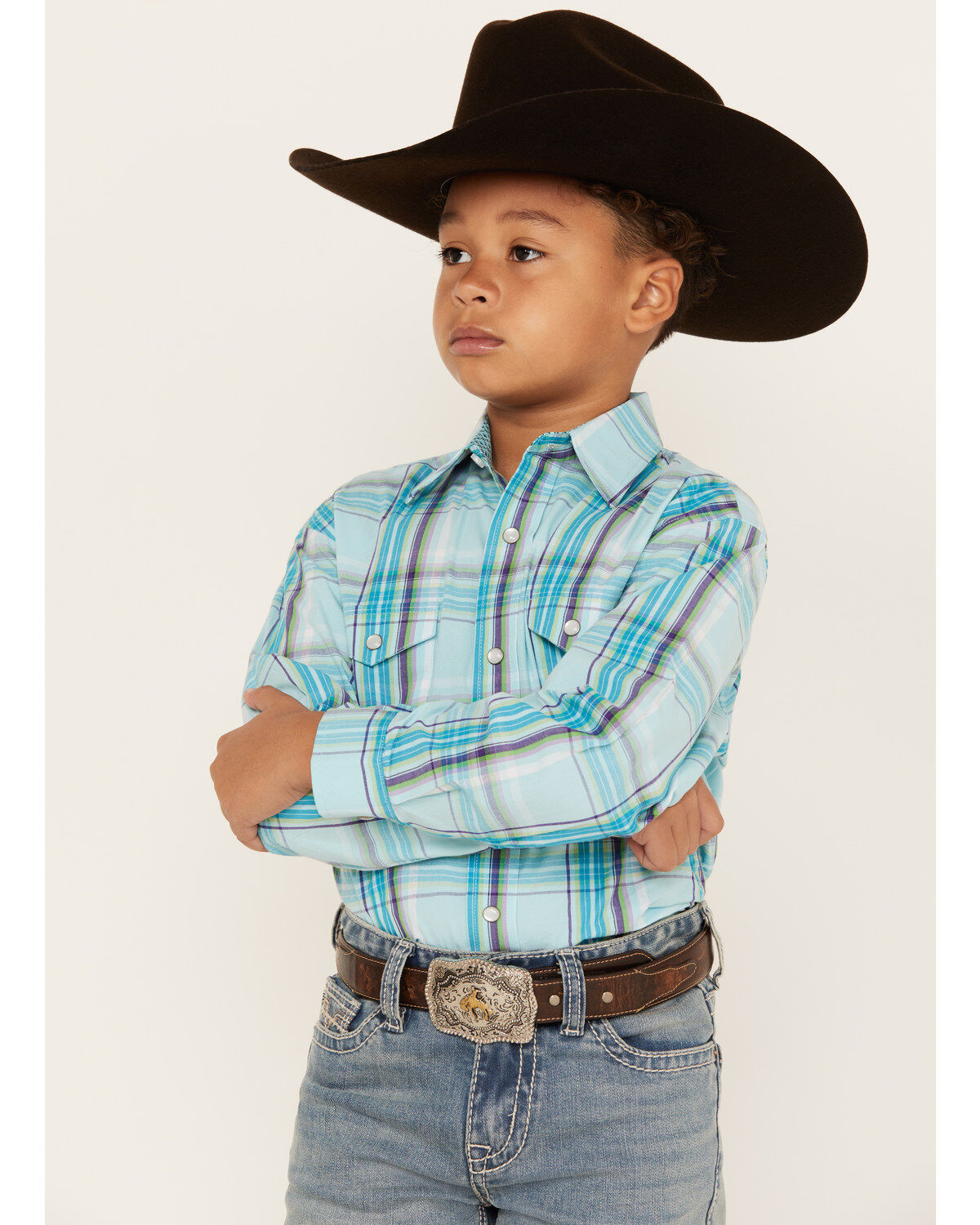 Panhandle Boys' Plaid Print Long Sleeve Pearl Snap Western Shirt