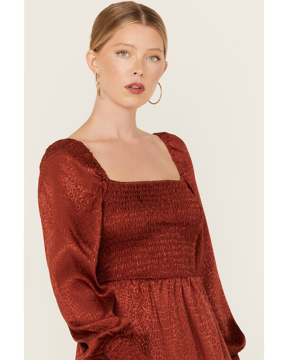Wrangler Women's Jacquard Print Slit Long Sleeve Midi Dress