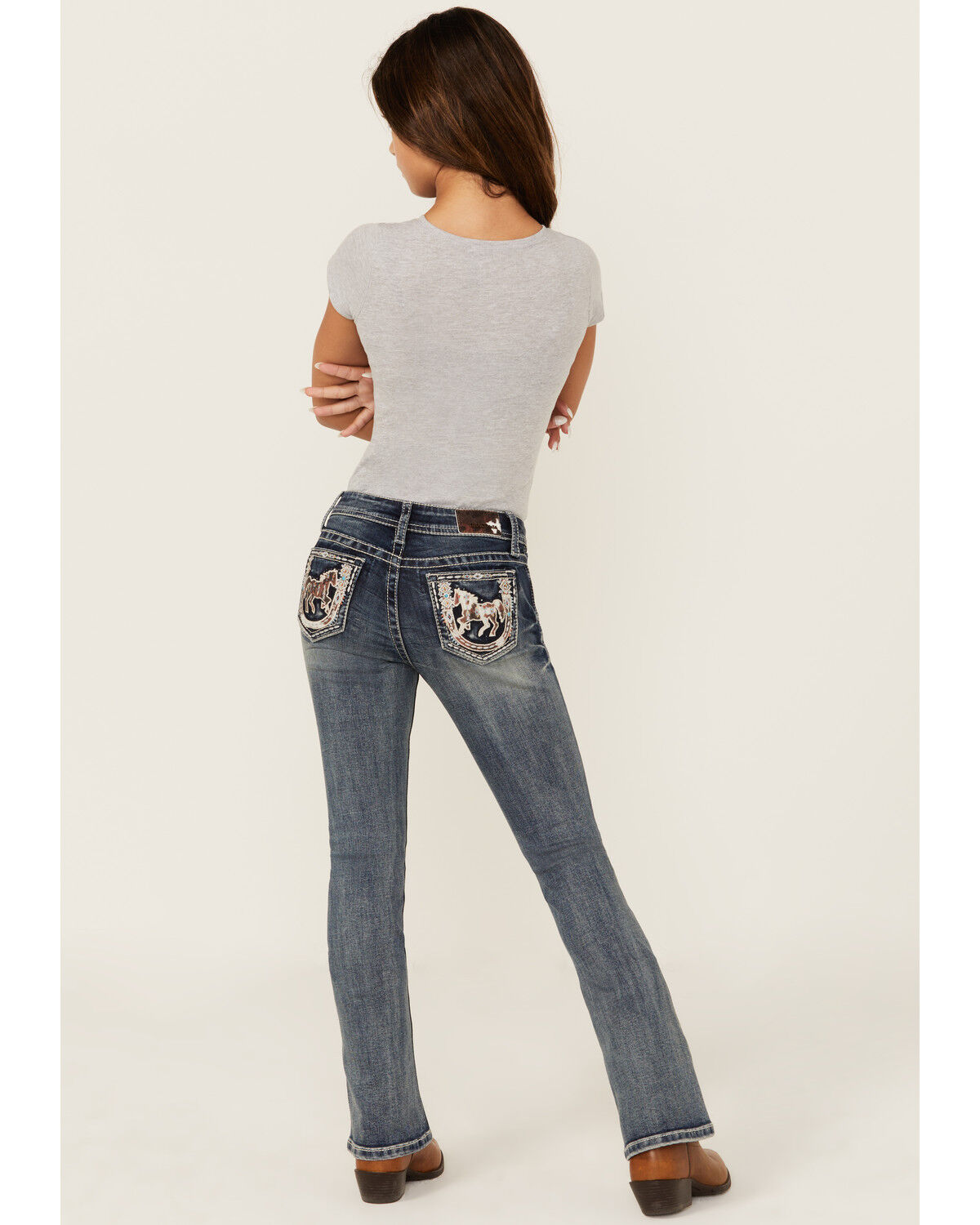 Grace in LA Girls' Medium Wash Horse Patch Pocket Bootcut Stretch Denim Jeans