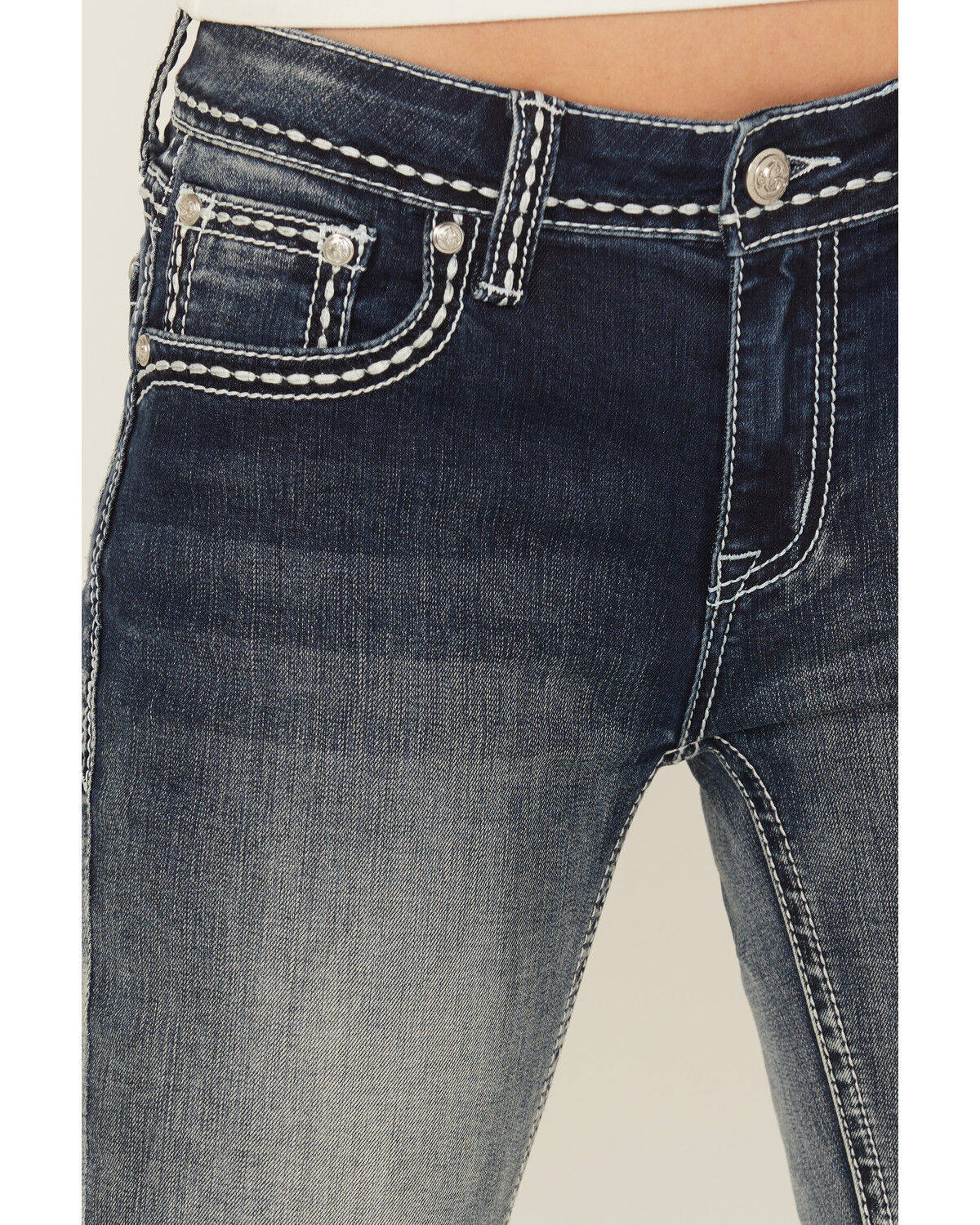 Grace In LA Women's Medium Wash Fleur De Lis Embroidered Mid Rise Bootcut Stretch Denim Jeans