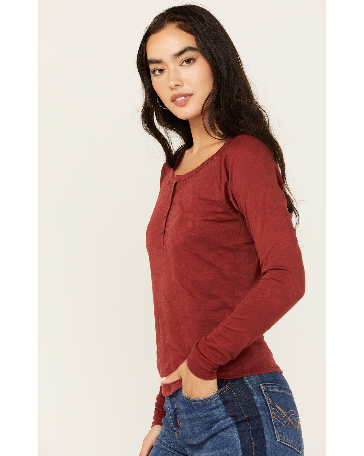 Shyanne Women's Long Sleeve Southwest Burnout Print Henley Shirt