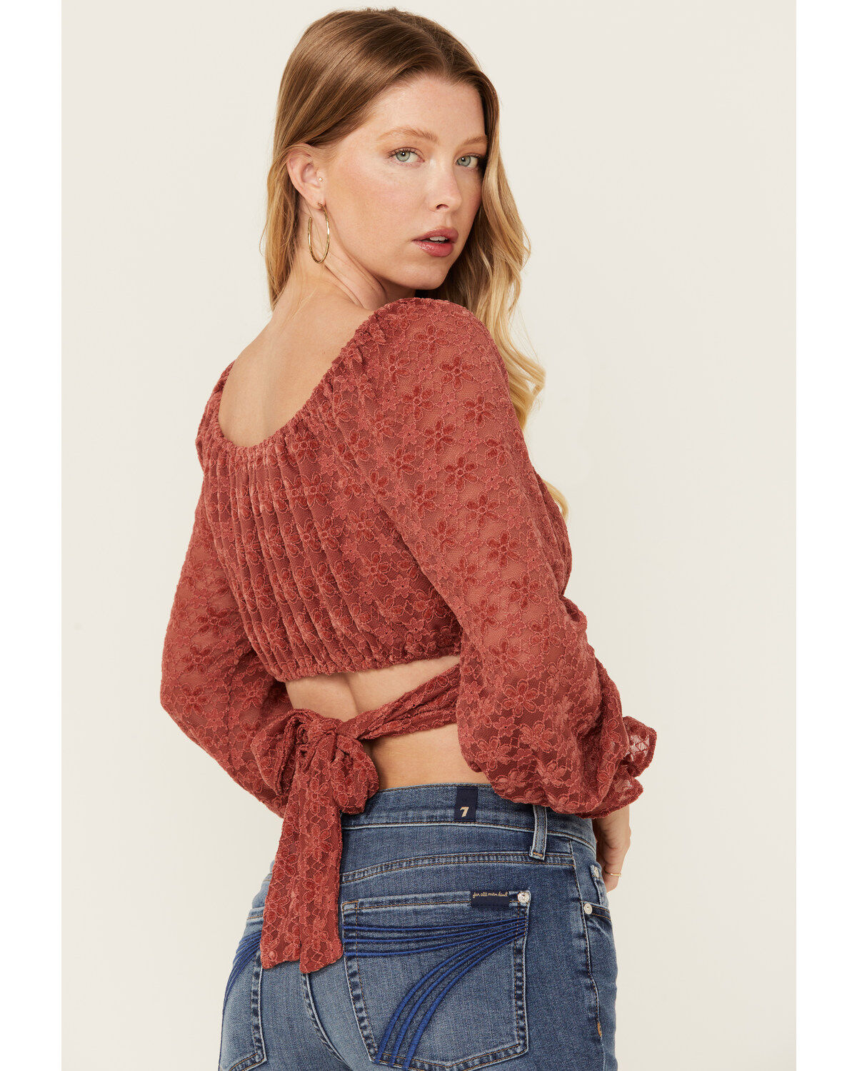 Beyond The Radar Women's Floral Lace Long Sleeve Tie Back Cropped Shirt