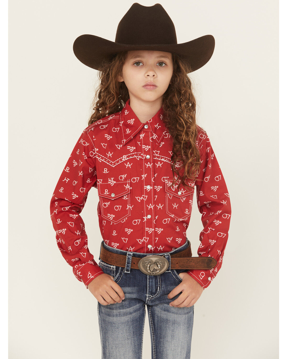 Cowgirl Hardware Girls' Brand Iron Print Long Sleeve Snap Stretch Western Shirt