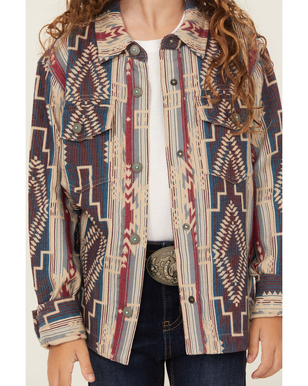 Shyanne Girls' Southwestern Striped Print Long Sleeve Snap Shacket