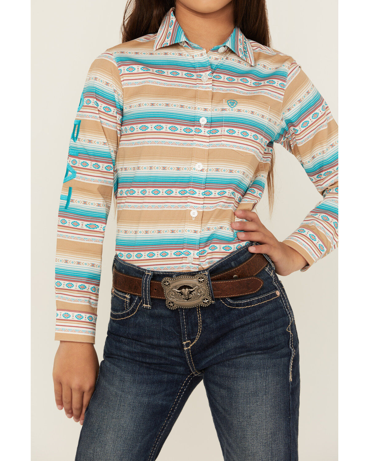 Ariat Girls' Striped Southwestern Print Long Sleeve Button-Down Western Shirt