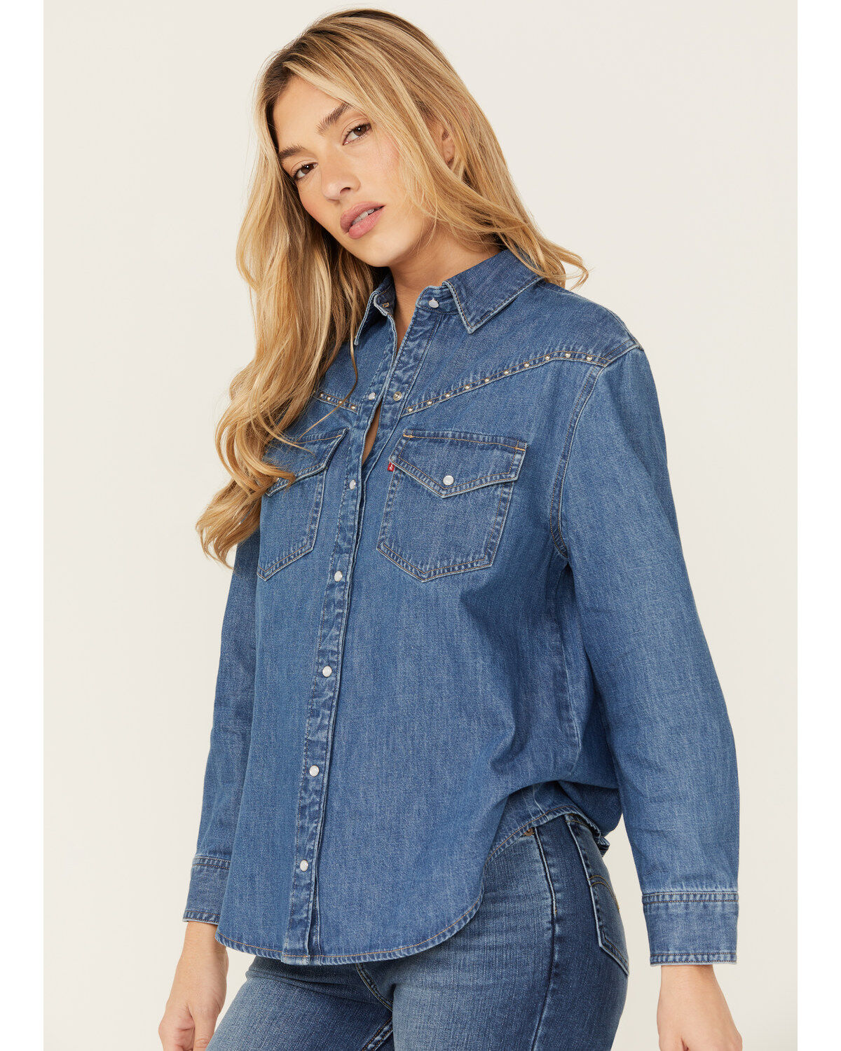 Levi's Women's Dark Medium Wash Sawyer Western Denim Studded Shirt