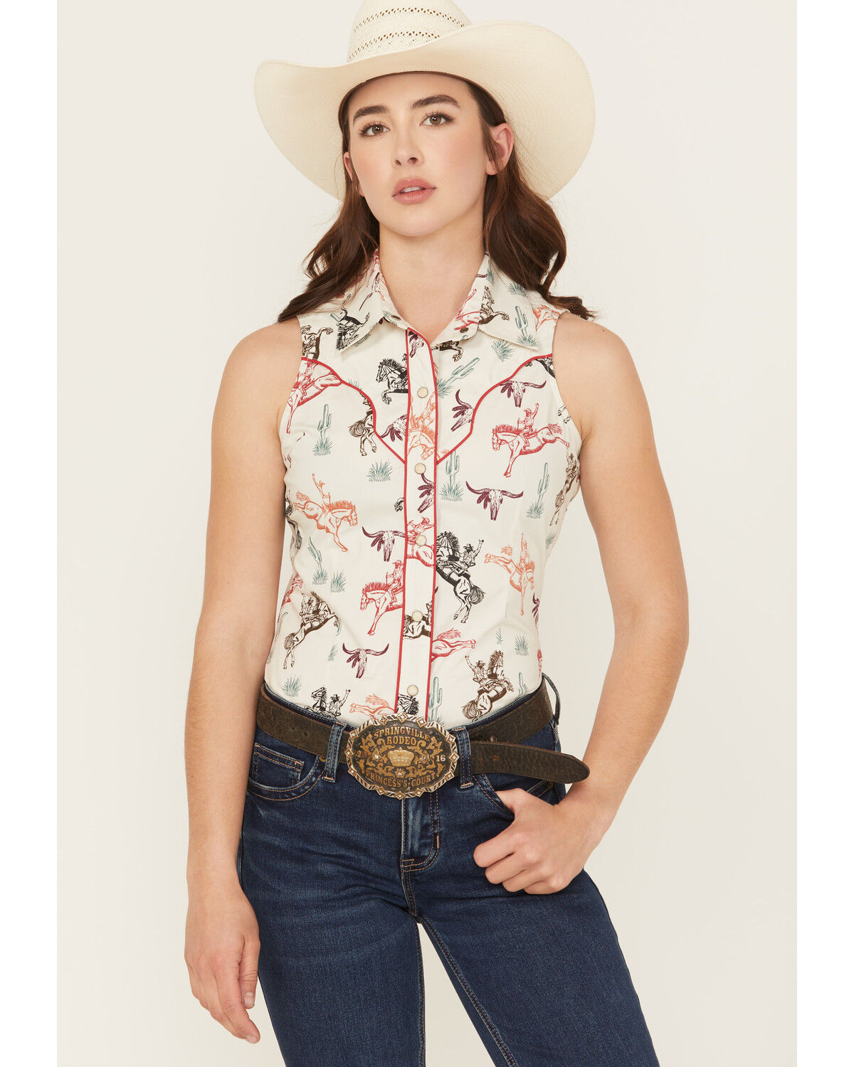 Rock & Roll Denim Women's Western Conversation Print Sleeveless Snap Western Shirt
