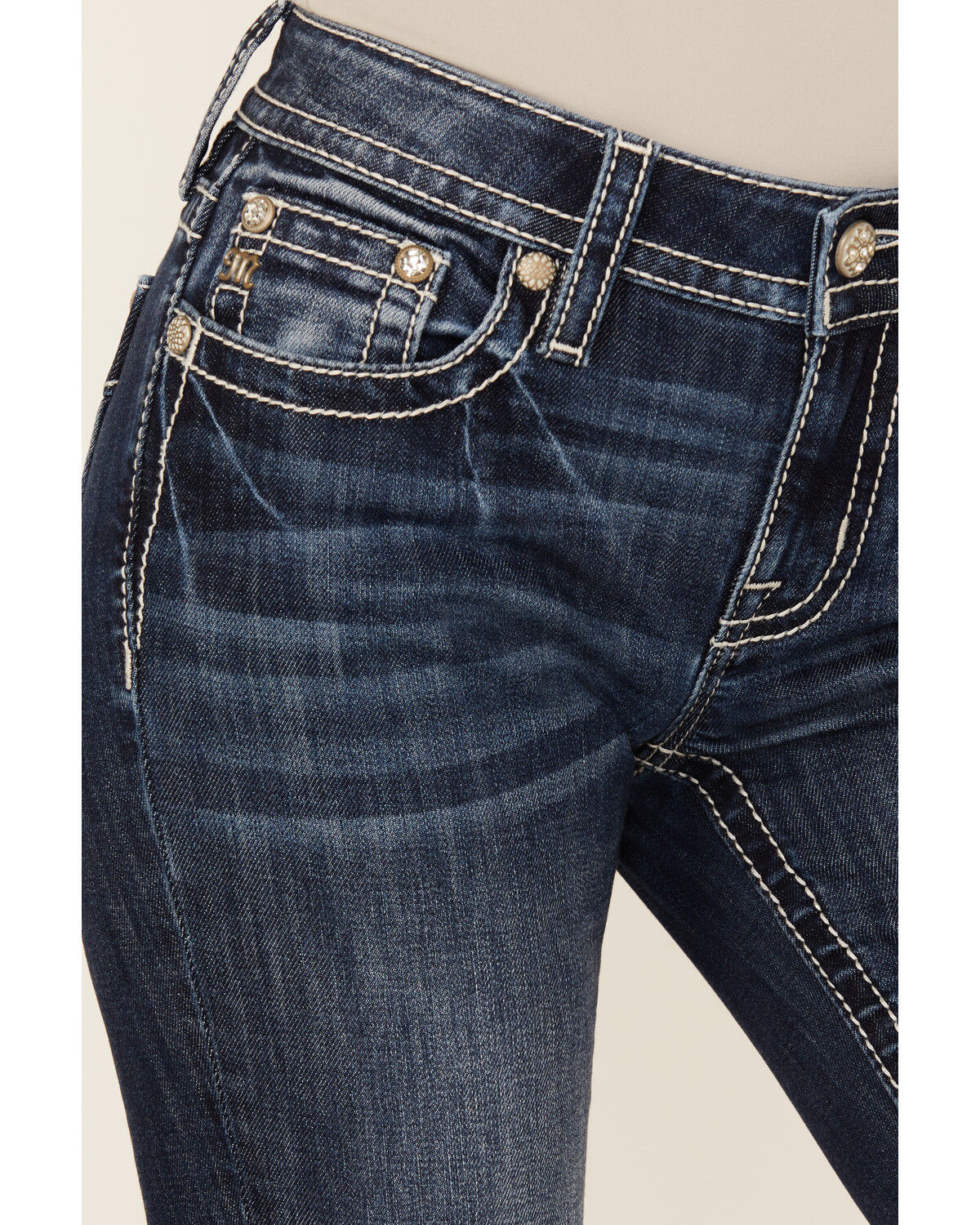 Miss Me Women's Dark Wash Mid Rise Faux Flap Pocket Bootcut Stretch Denim Jeans