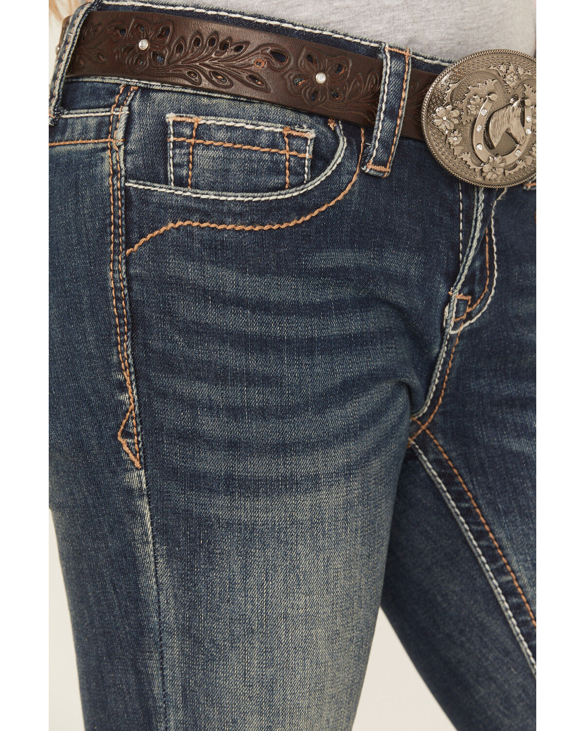 Grace in LA Girls' Medium Wash Floral Butterfly Pocket Bootcut Stretch Denim Jeans