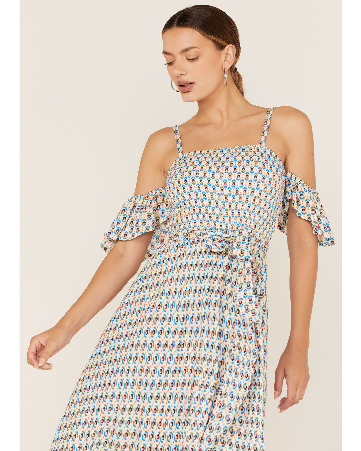 Band of the Free Women's Prism Geo Print Off Shoulder Smocked Wrap Midi Dress