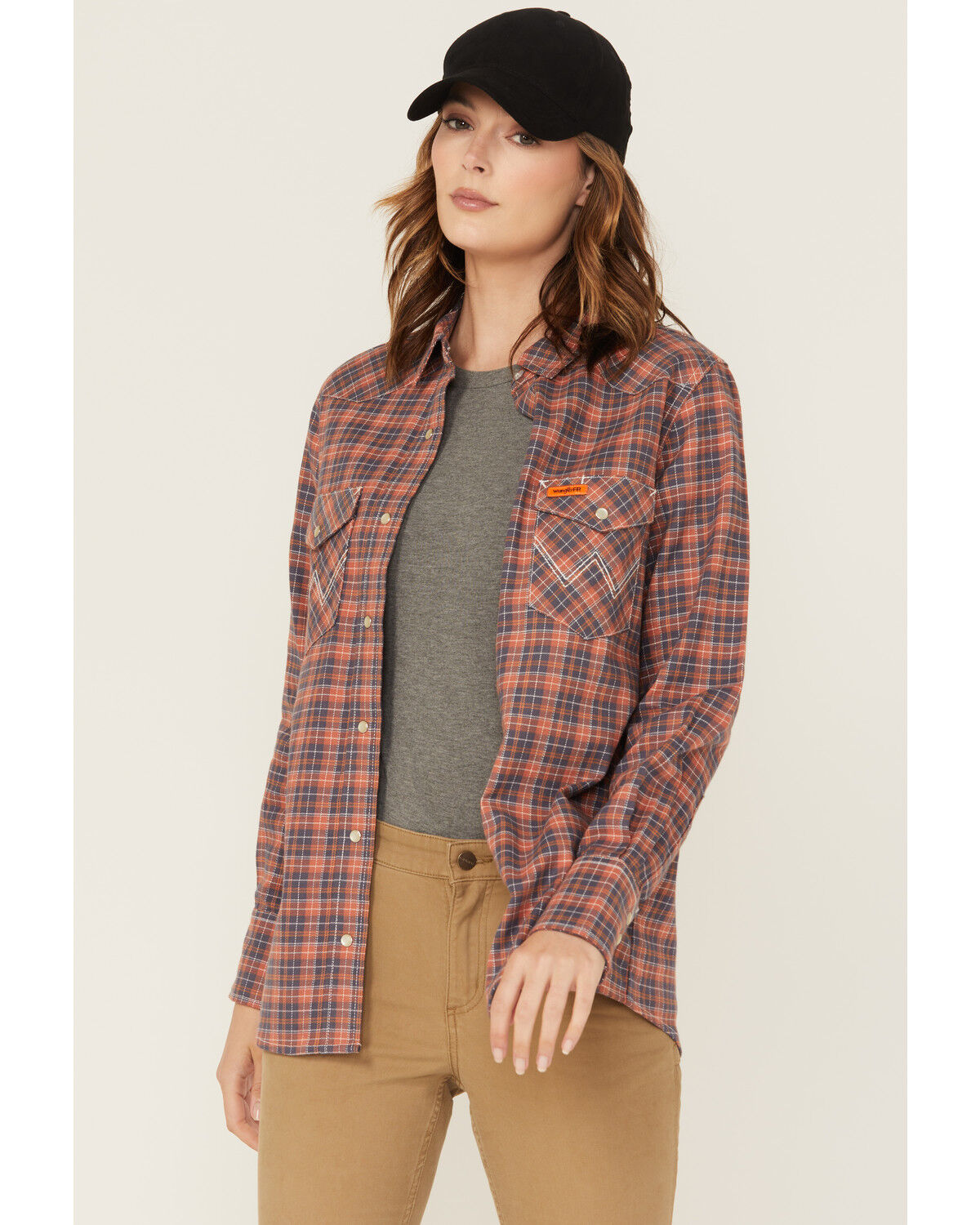 Wrangler Women's FR Plaid Print Long Sleeve Snap Work Shirt - Plus