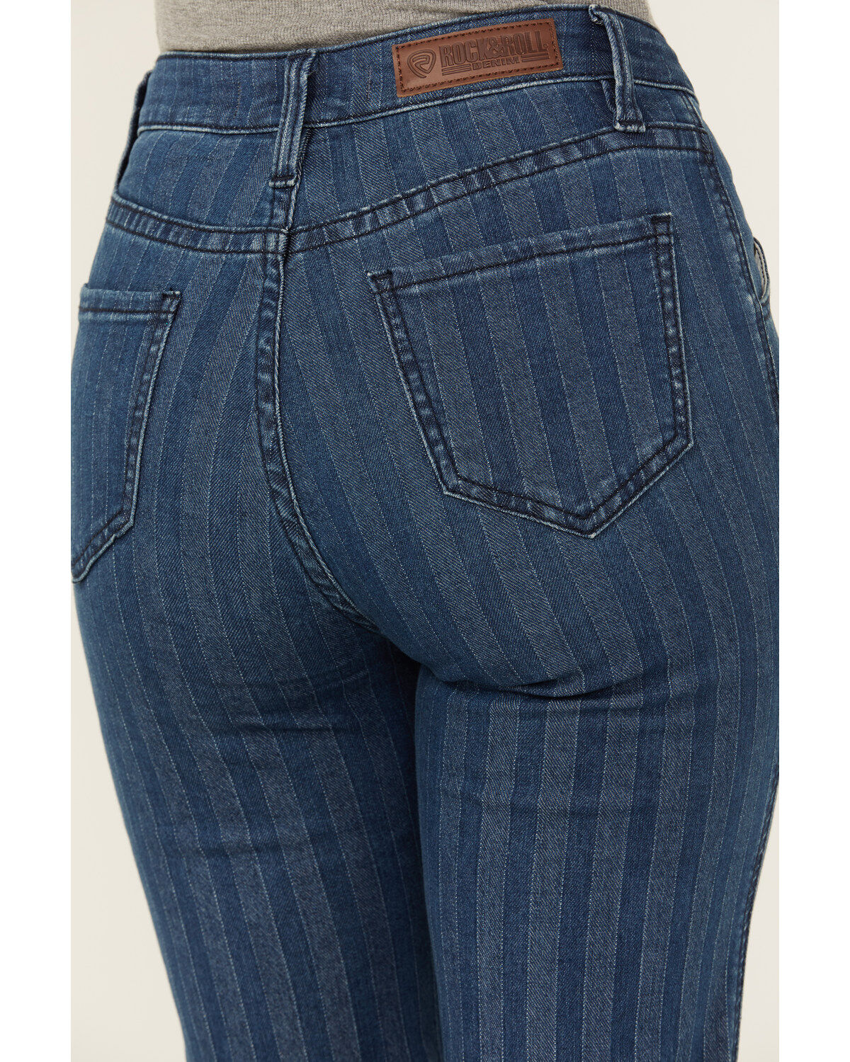 Rock & Roll Women's Medium Wash High Rise Jacquard Pinstripe Trouser Jeans