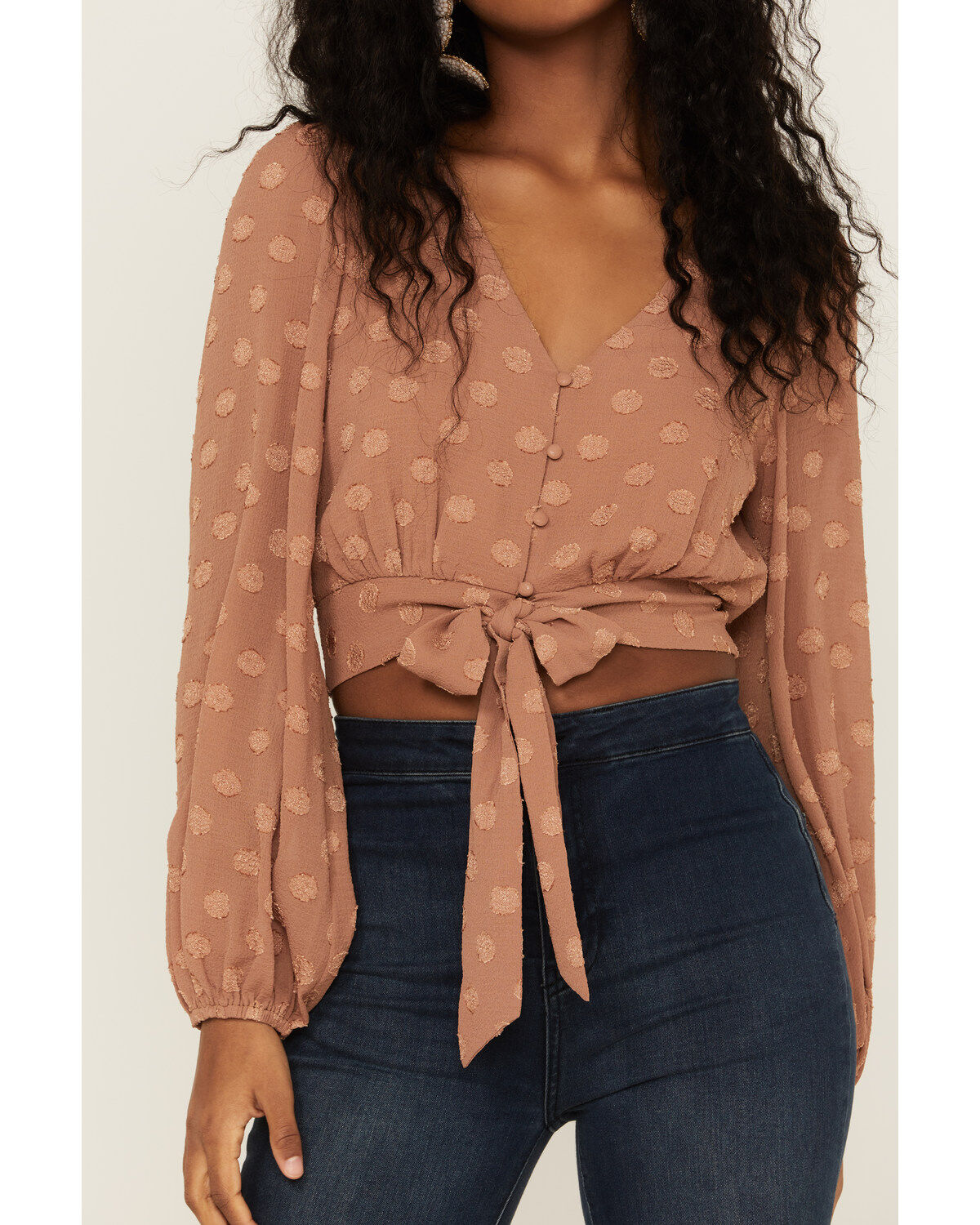 Lush Women's Tie Front Textured Dot Long Sleeve Blouse