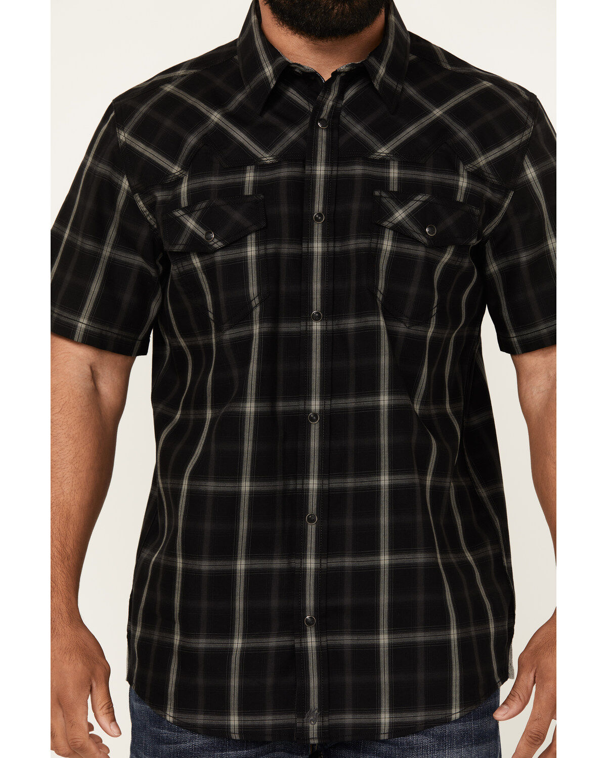 Moonshine Spirit Men's Exclusive Plaid Print Short Sleeve Snap Western Shirt